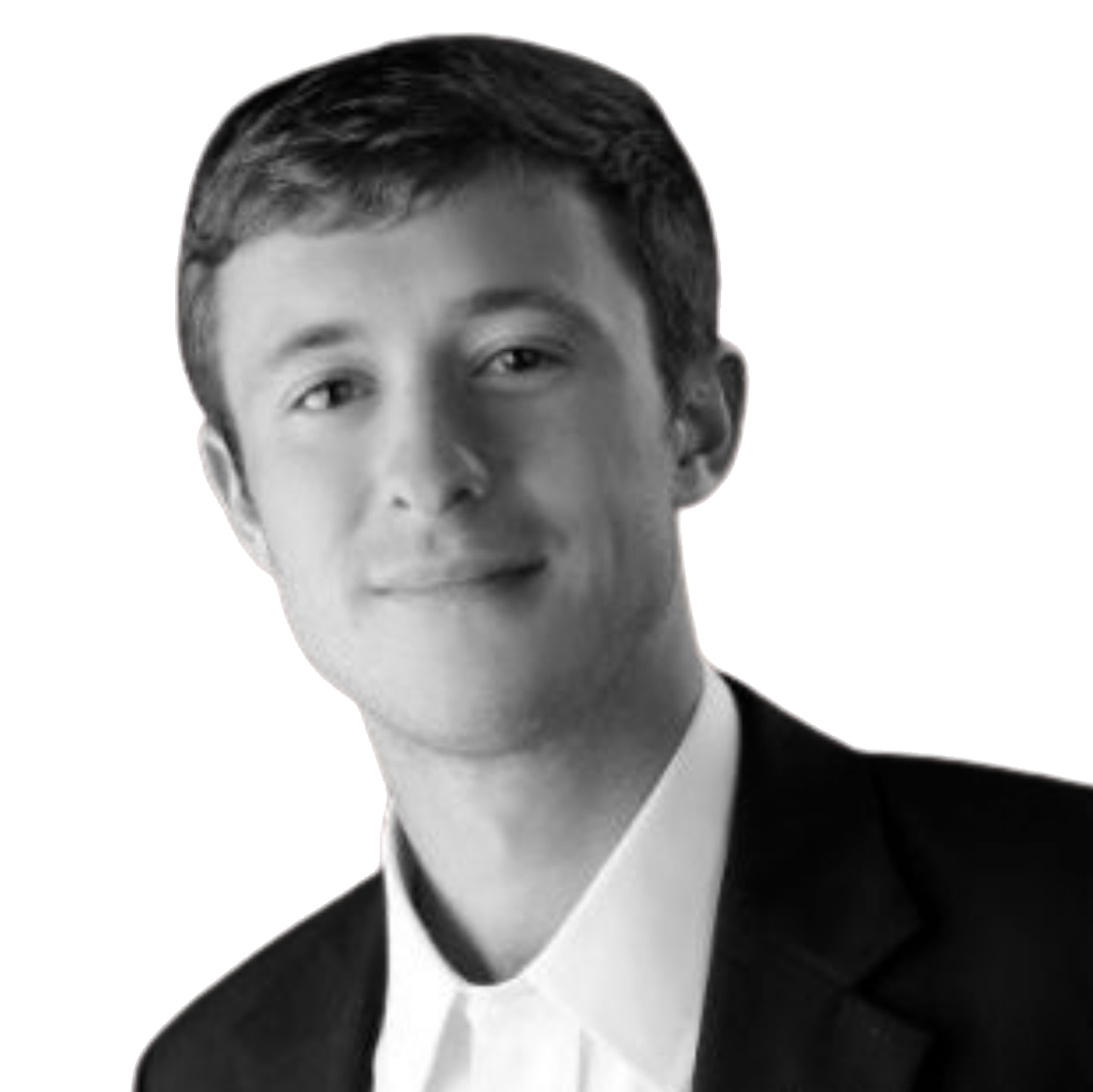 Black and white portrait of a young man in a suit, with a red check mark in the background.
