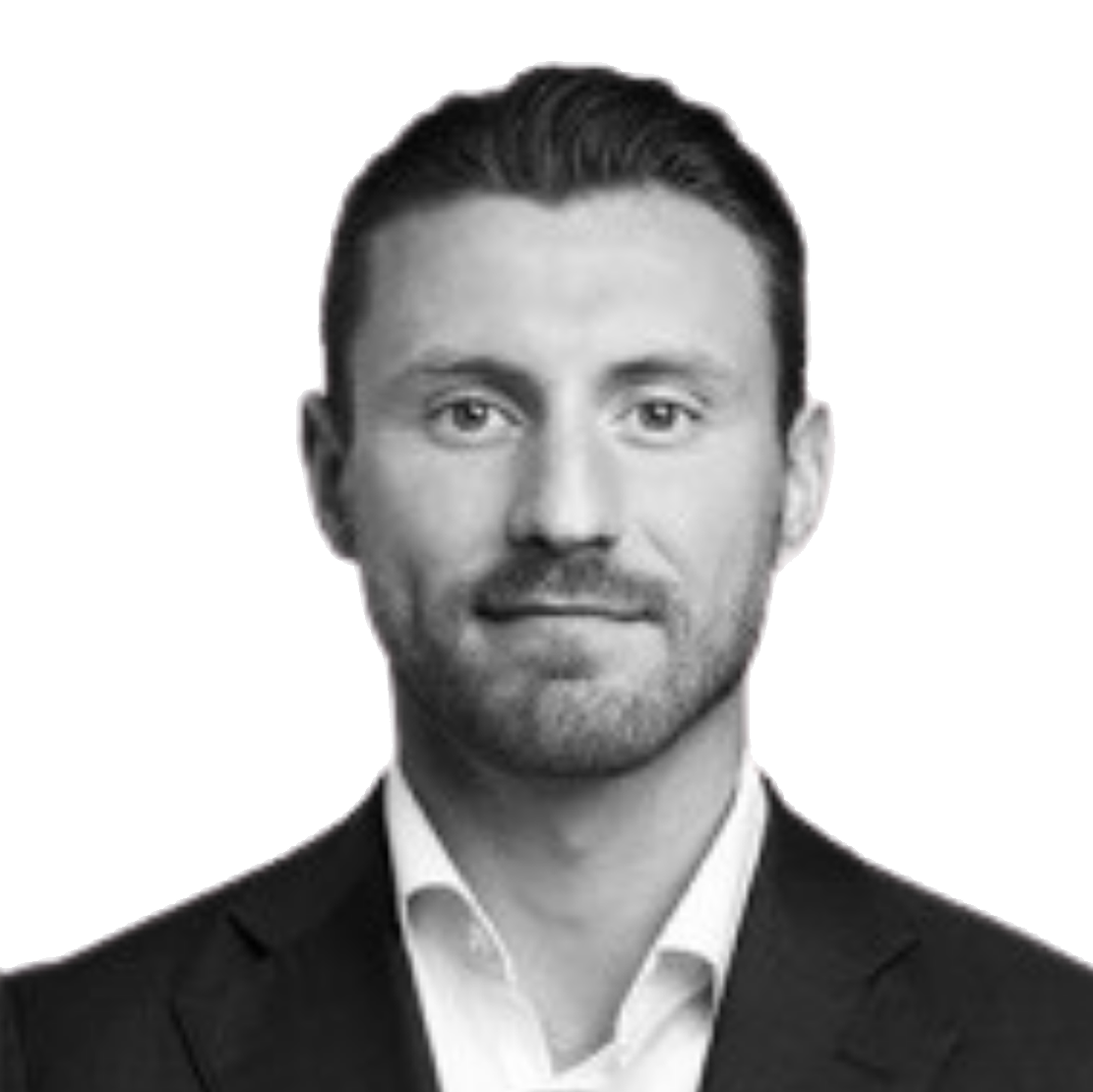 Black and white portrait of a man wearing a suit, with blue abstract shapes in the background.