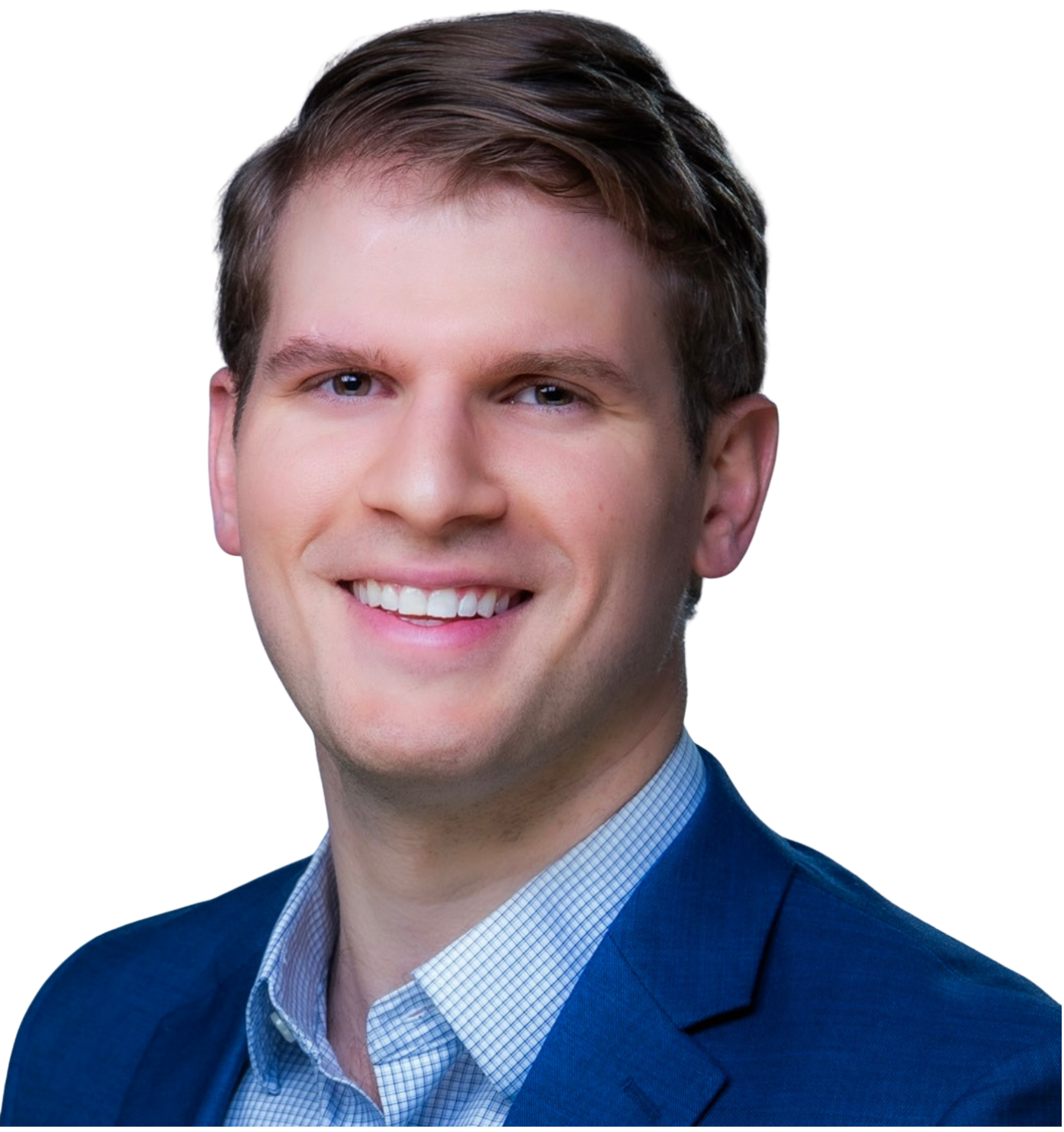 A black-and-white portrait of a young man in a suit, smiling with a background featuring stylized, abstract yellow and black elements.