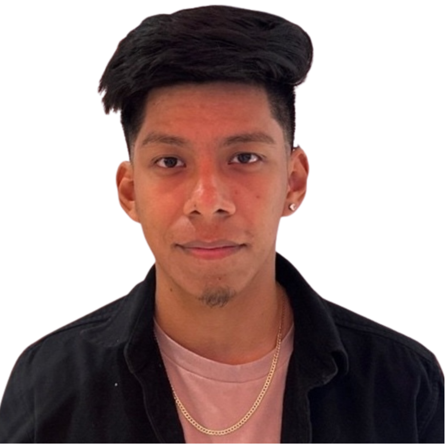Black and white photo of a young man with styled hair, wearing earrings and a necklace, against a background with blue wavy lines.