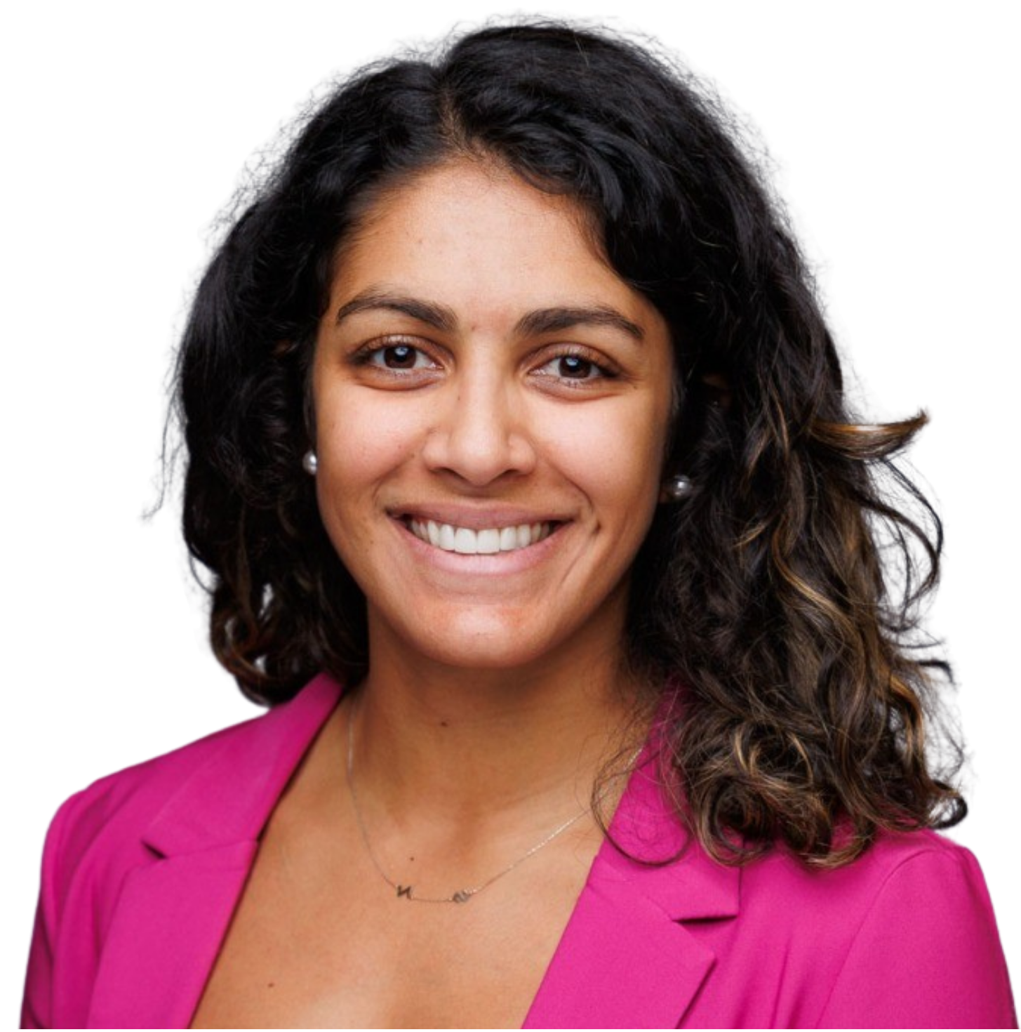 Black and white portrait of a smiling woman with curly hair, wearing earrings and a necklace.