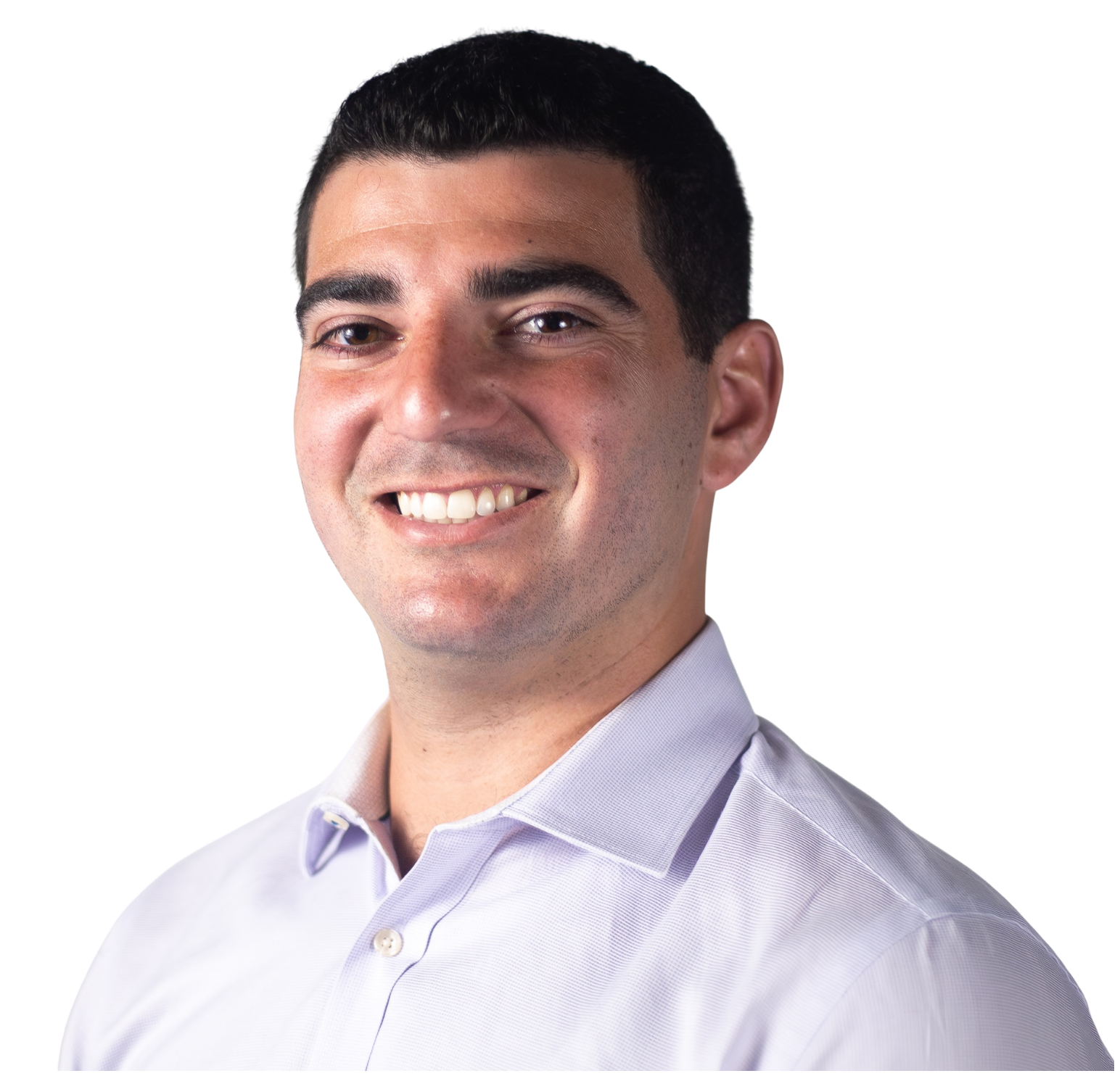 A smiling man in a dress shirt, with stylized red and pink graphic elements in the background.