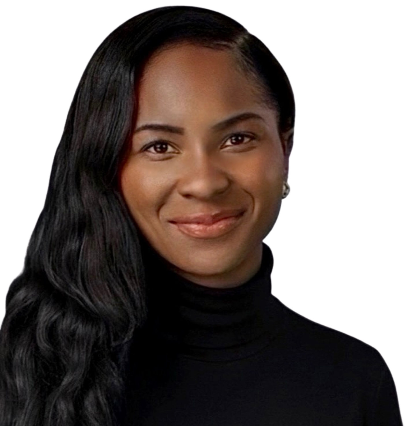 Black and white photo of a woman with long, wavy hair wearing a black turtleneck, smiling quietly.