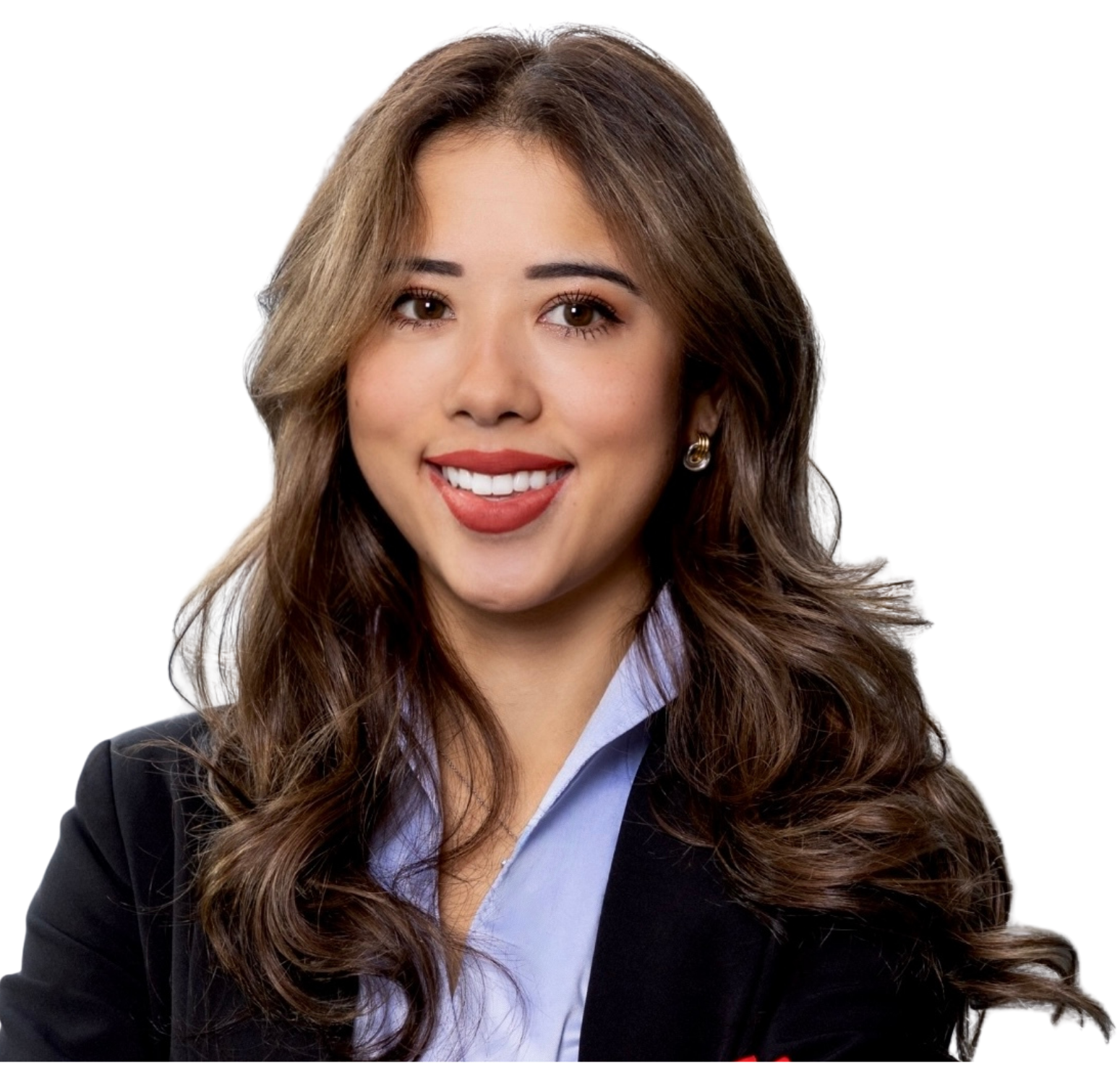 A black and white portrait of a young woman with long, wavy hair, smiling, wearing earrings and a collared shirt with a blazer, with blue and yellow graphic elements in the background.