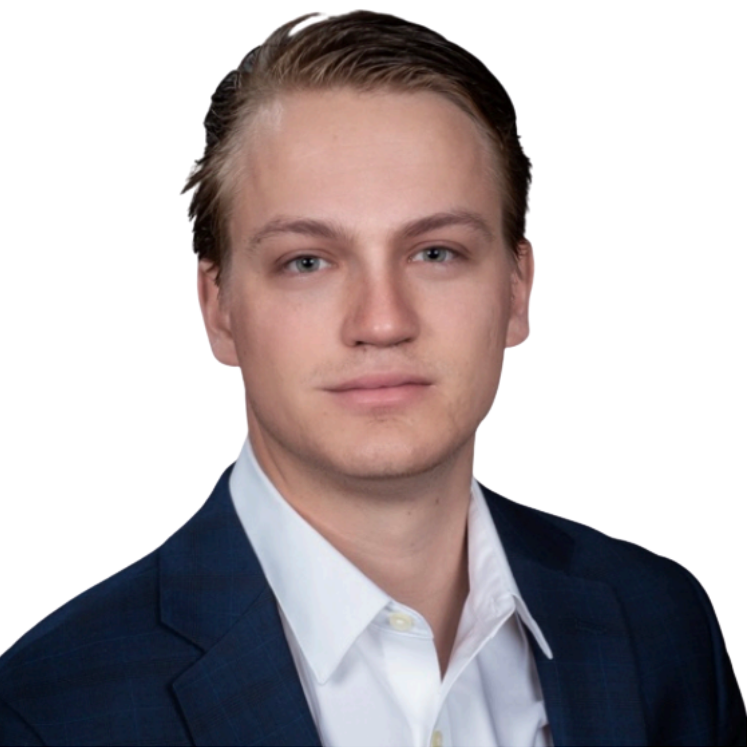Black and white photo of a young man in a suit, with red check marks in the background.