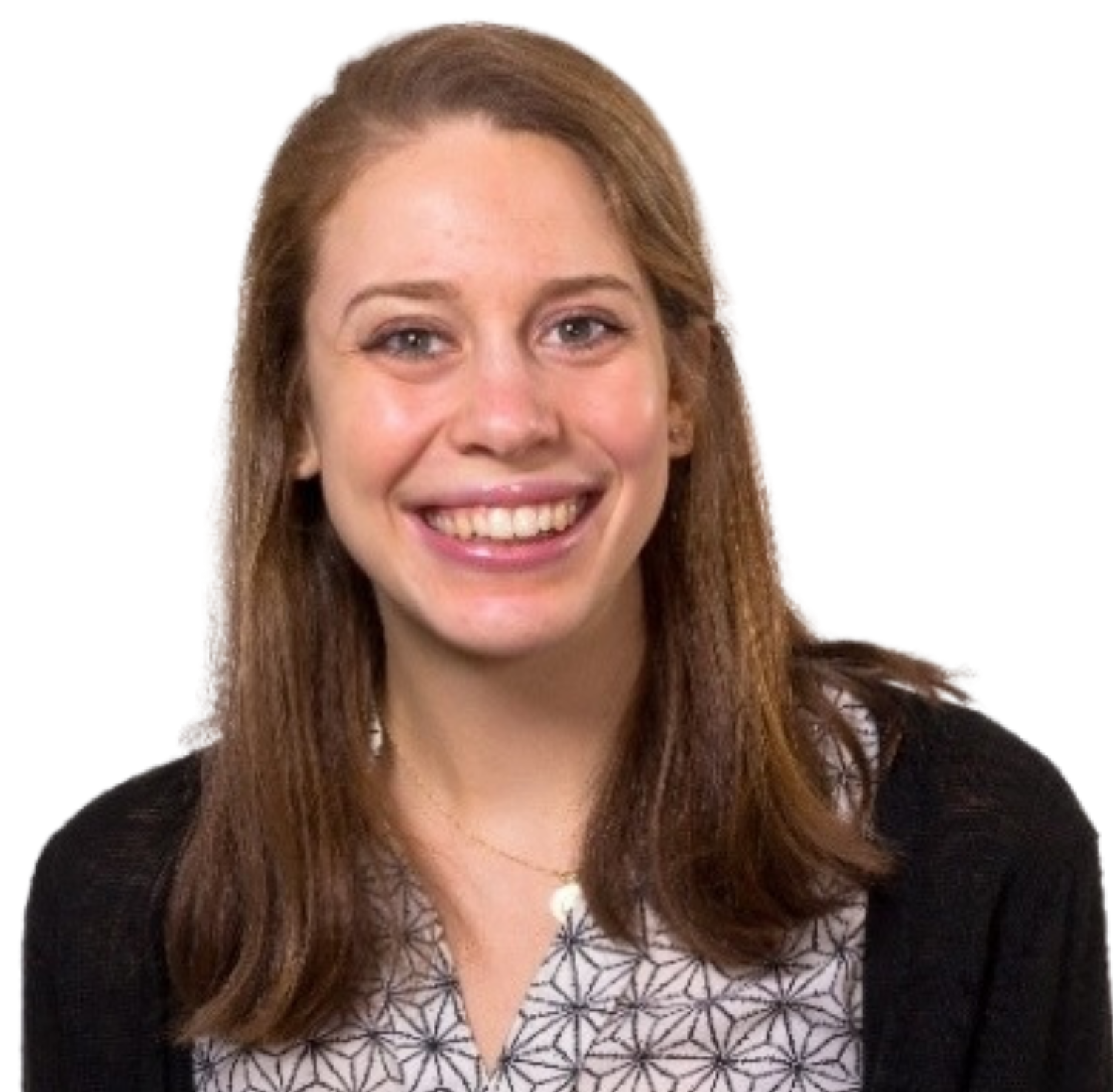 Black and white photo of a young woman with long hair smiling, wearing a patterned top and a dark cardigan, against a background with colorful abstract shapes.