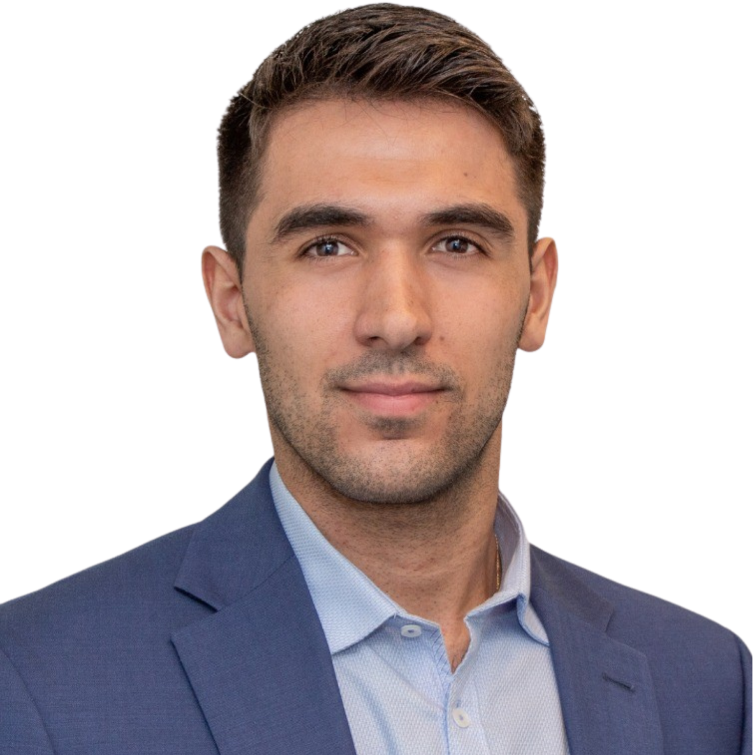 Black and white portrait of a young man in a suit, with a neutral expression, against a black background with blue scribbles.