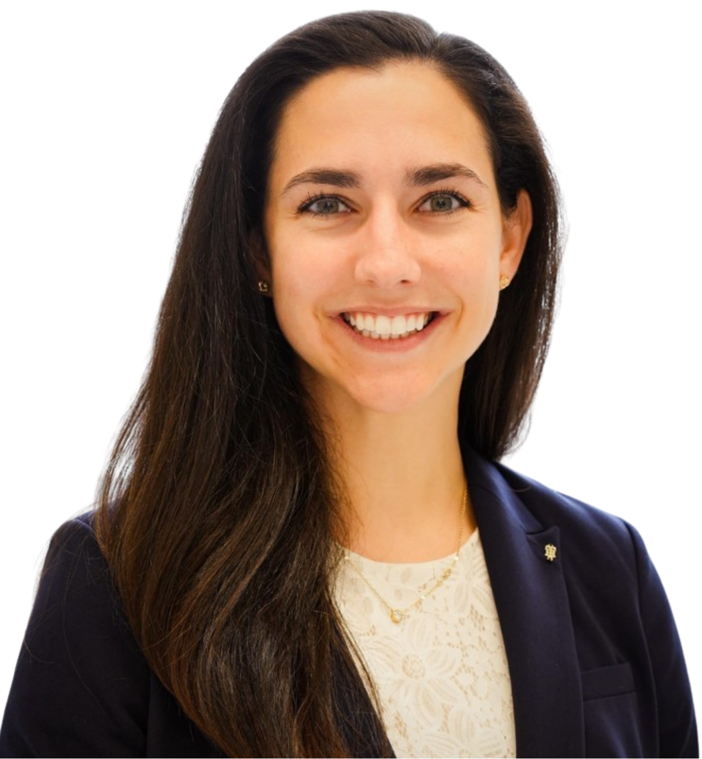 Black and white portrait of a smiling woman with long dark hair, wearing a blazer and a necklace, with a yellow circle behind her.