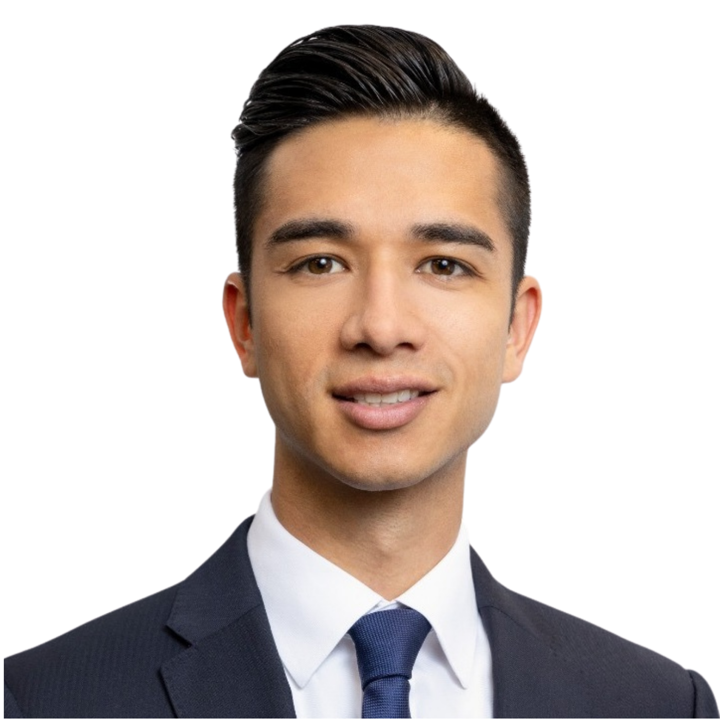 Black and white headshot of a young man in a suit and tie, smiling with a graphic of the Golden Gate Bridge in the background.