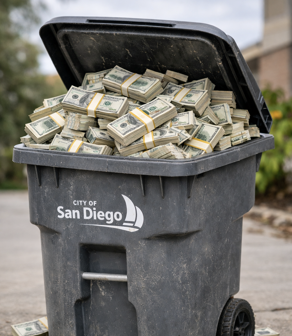 Trash can labeled 'City of San Diego' filled with bundles of cash, some spilling onto the ground.