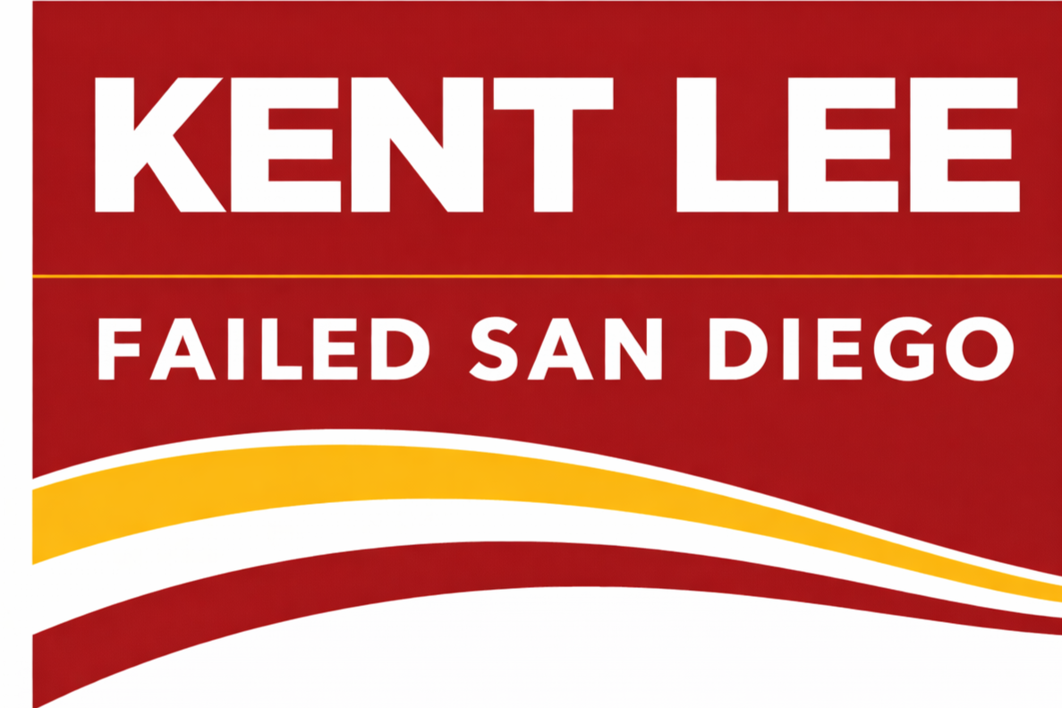 Campaign poster with red background, large white text that reads 'KENT LEE', and smaller white text saying 'FAILED SAN DIEGO', featuring wavy yellow and white design elements.