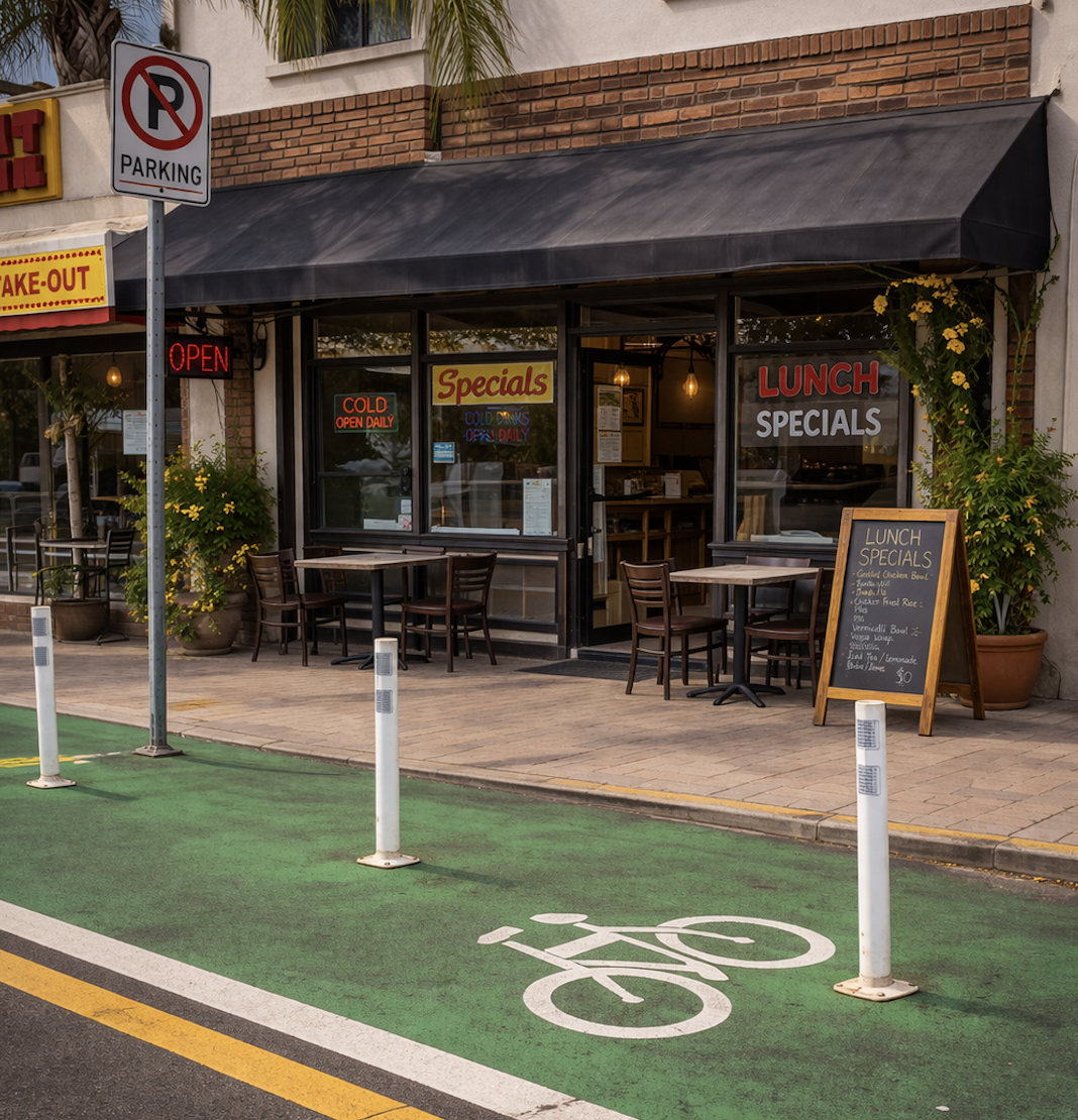A restaurant storefront with outdoor seating. A no-parking sign is is out front, and a obtrusive bicycle lane is in the foreground.
