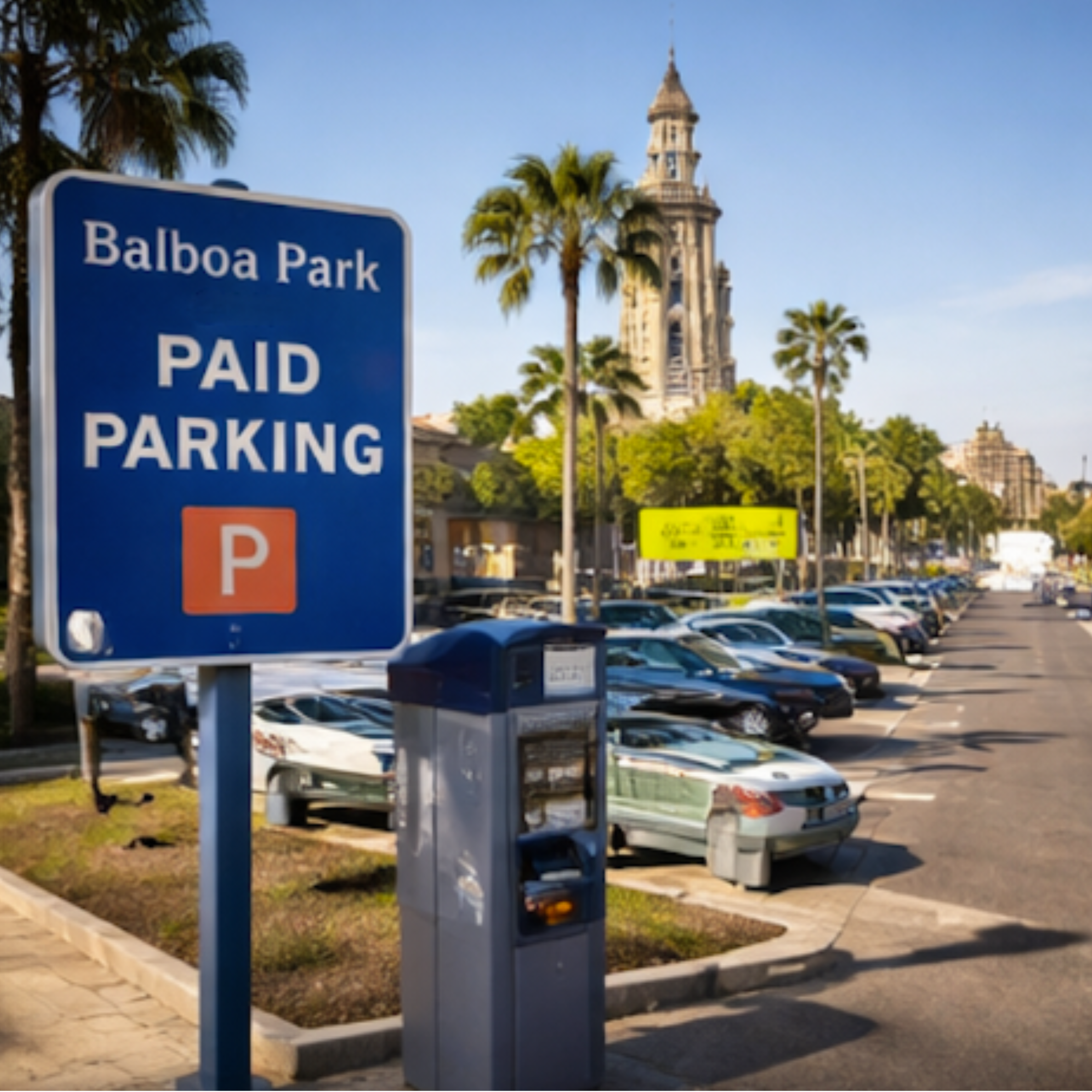 A parking lot with a blue sign that reads 'Balboa Park Paid Parking' and a parking meter, with trees and a historic building with a clock tower in the background.