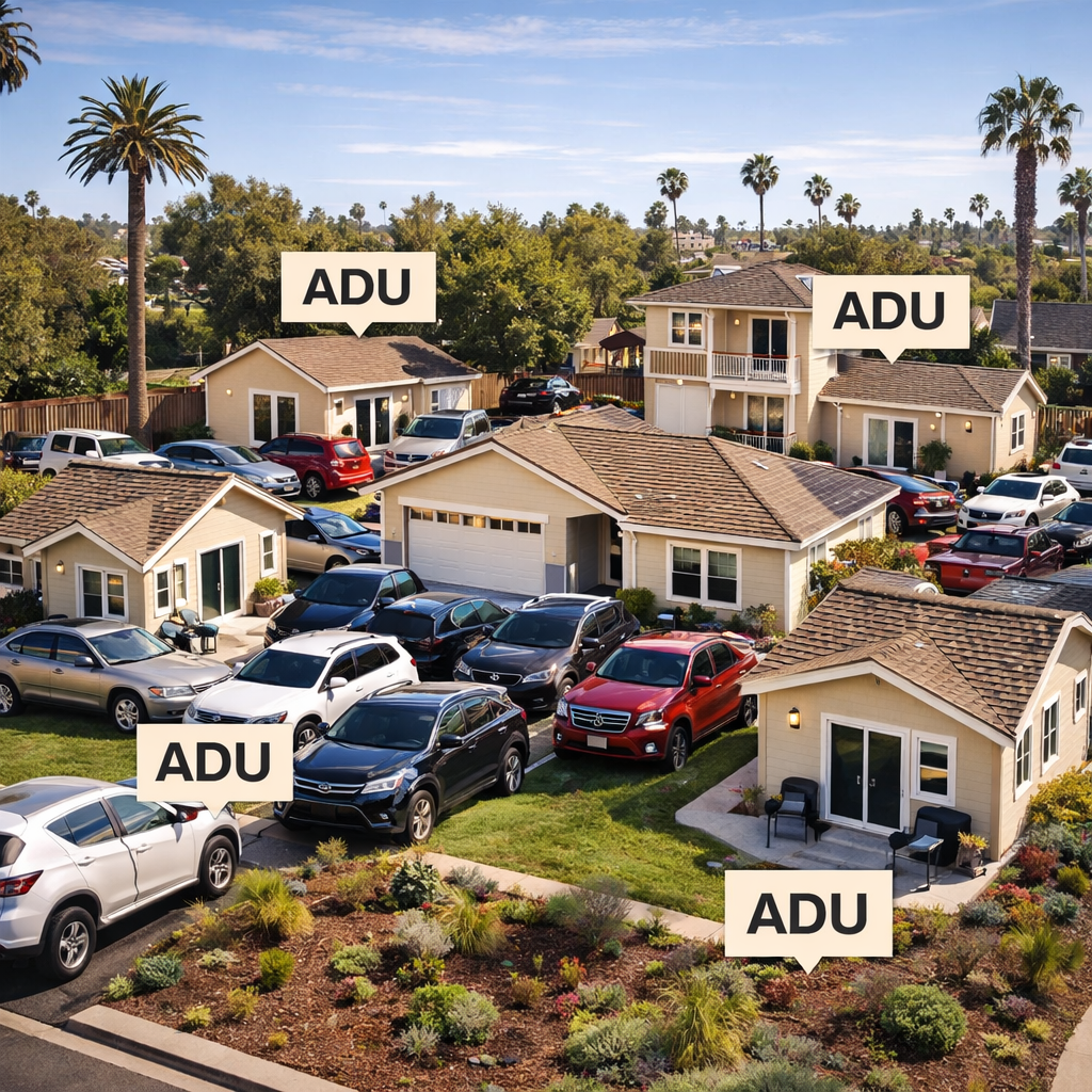 A residential neighborhood with multiple ADU buildings and parked cars. Houses have labels that say 'ADU' indicating accessory dwelling units.