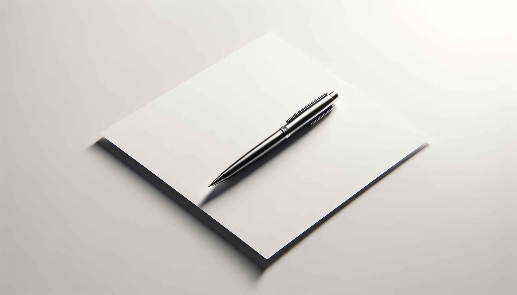 A silver ballpoint pen resting on a blank white sheet of paper on a plain surface with a light background.