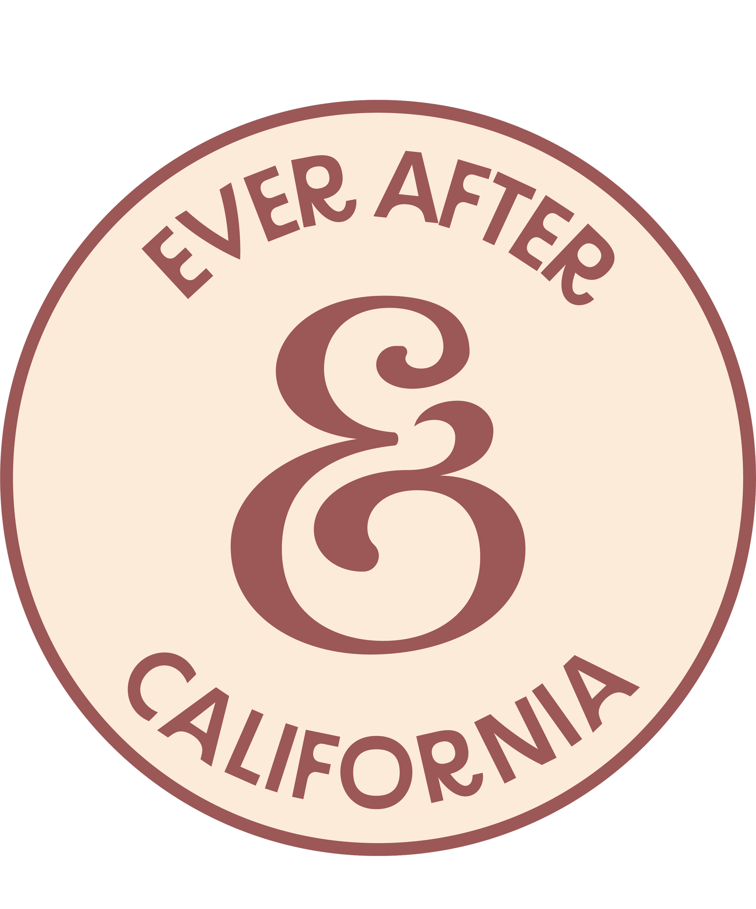 Close-up of a circular stamp with the words "EVER AFTER" at the top and "CALIFORNIA" at the bottom, with a large Logo in the center, in brown and beige tones.
