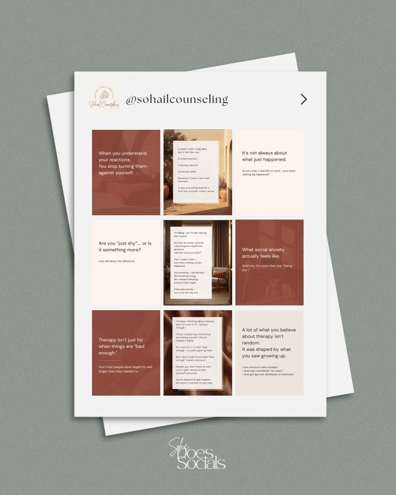 client spotlight ✨
for some brands, the branding is already there - our role is to bring the strategy behind the content to life.

for @sohailcounseling, we focused on:
&rarr; content pillars
&rarr; funneling content ideas
&rarr; educational + relata