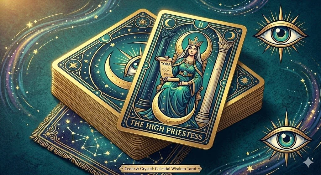 An illustrated tarot spread with celestial themes, featuring a card titled "The High Priestess" showing a woman with a crown, sitting on a crescent moon, holding a scroll with Hebrew text, surrounded by stars, moons, and cosmic symbols, with three eye icons visible.