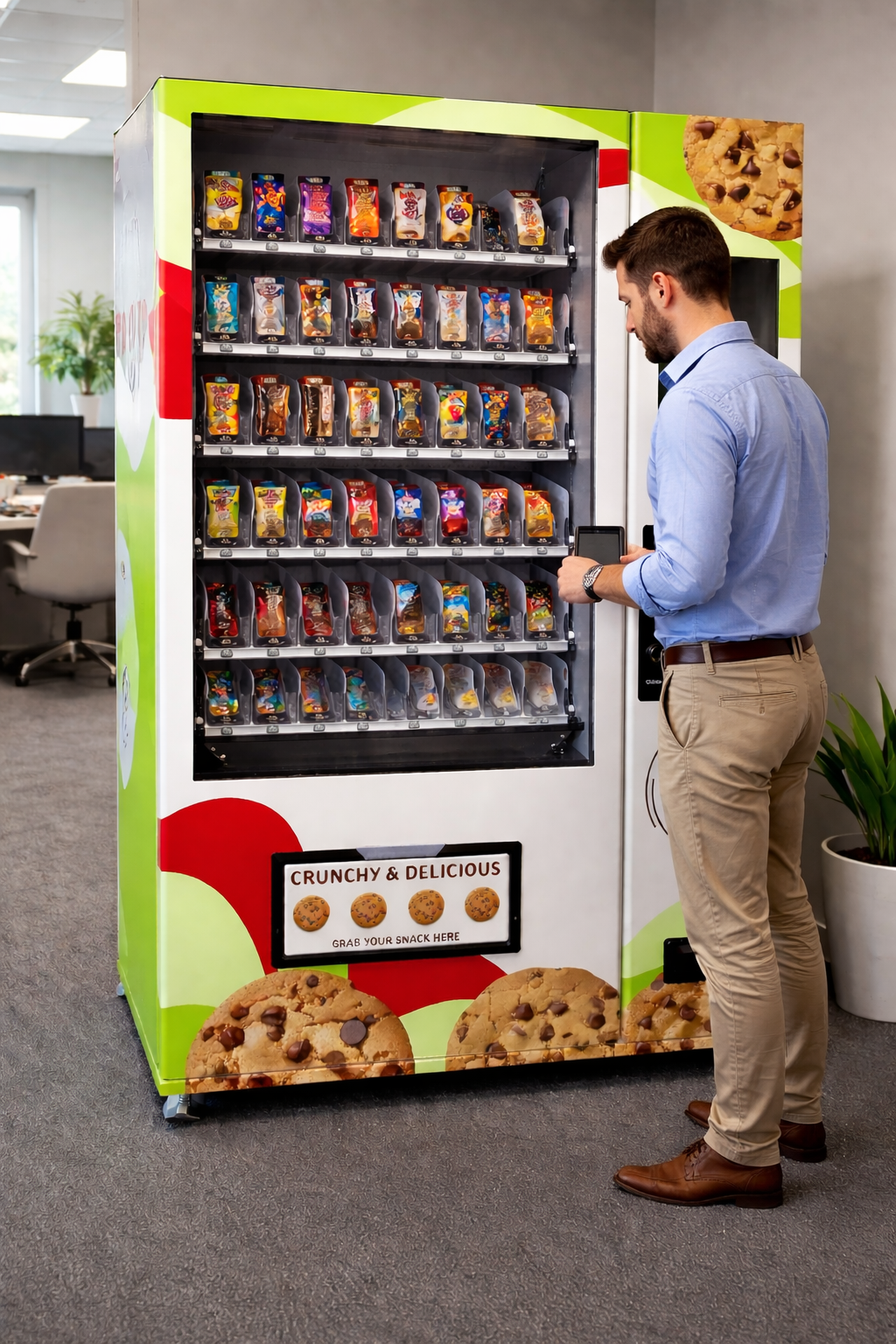 A man in a light blue shirt and beige pants standing in front of a colorful vending machine filled with candy and snacks, holding his phone.