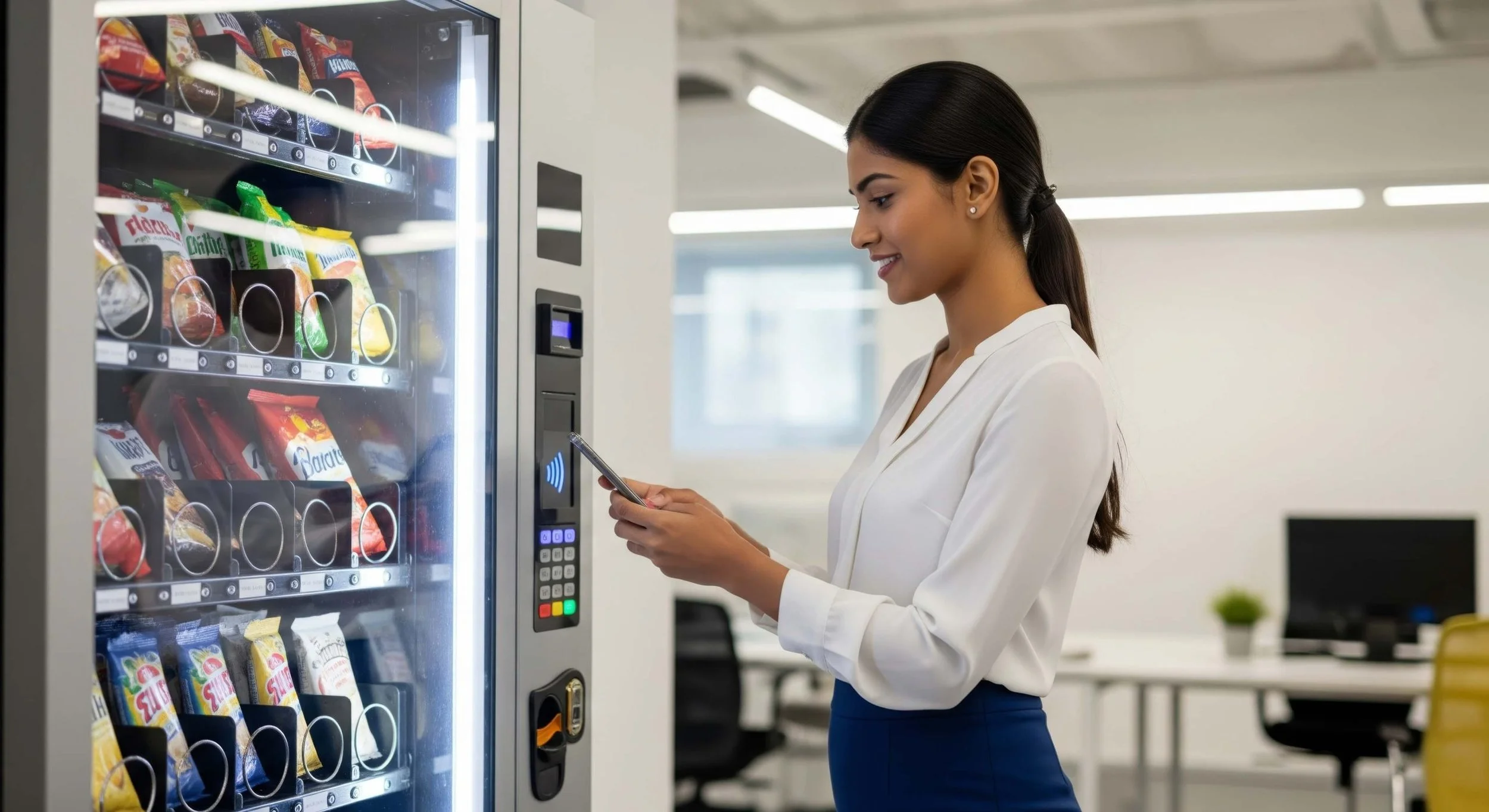 A woman in professional attire making a contactless payment at a vending machine in an office setting.