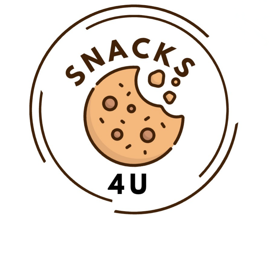 A circular logo with the word 'SNACKS' at the top, a cartoon chocolate chip cookie with a bite taken out in the center, and '4U' at the bottom.
