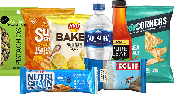 Assorted snack and drink items, including pistachios, wheat snack chips, potato chips, bottled water, flavored water, crispy rice snack bars, energy bar, and sea salt chips.