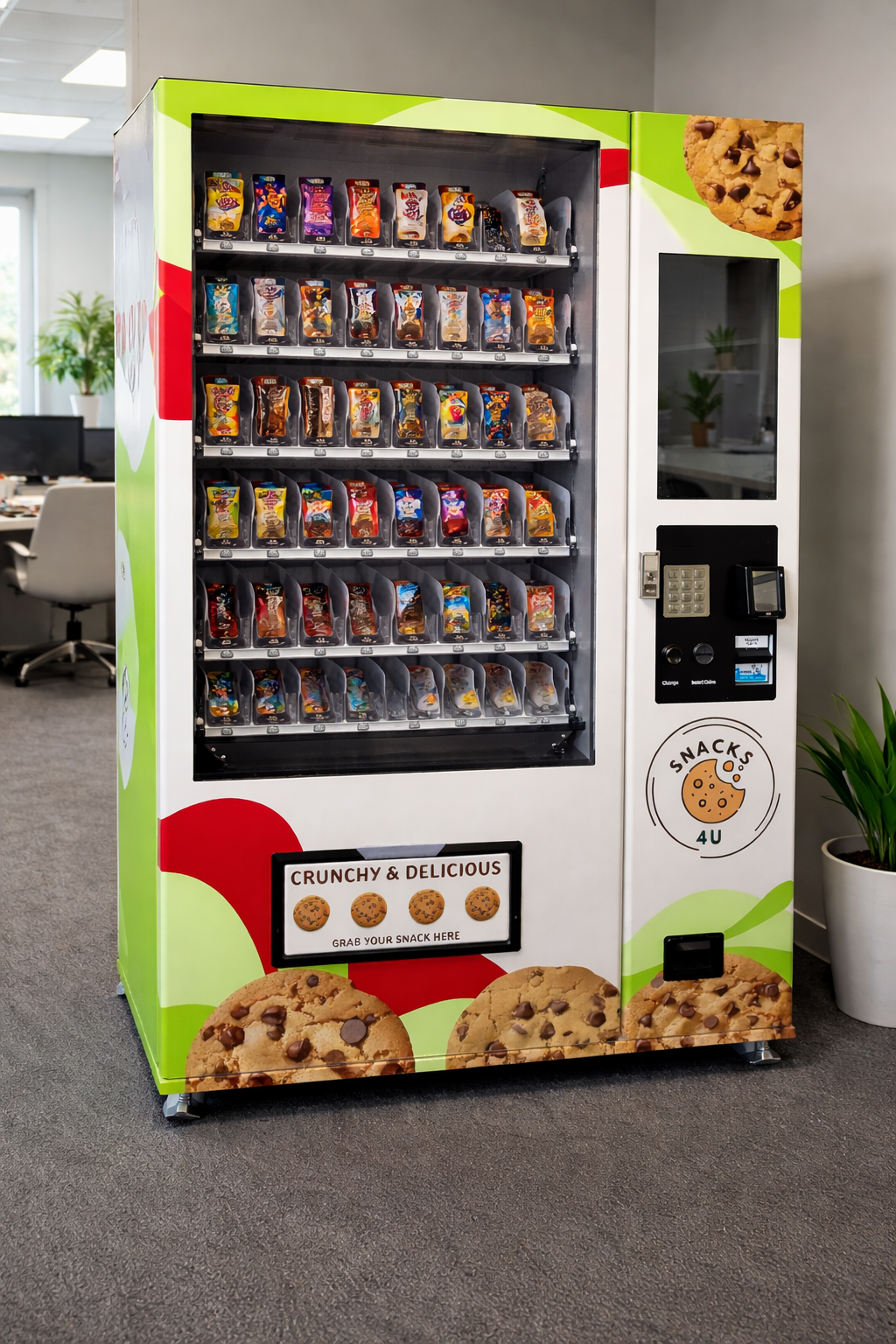 A snack vending machine with a bright green, red, and white design, filled with various snack bags on several shelves, and a cookie-themed sign that says "Crunchy & Delicious" at the bottom