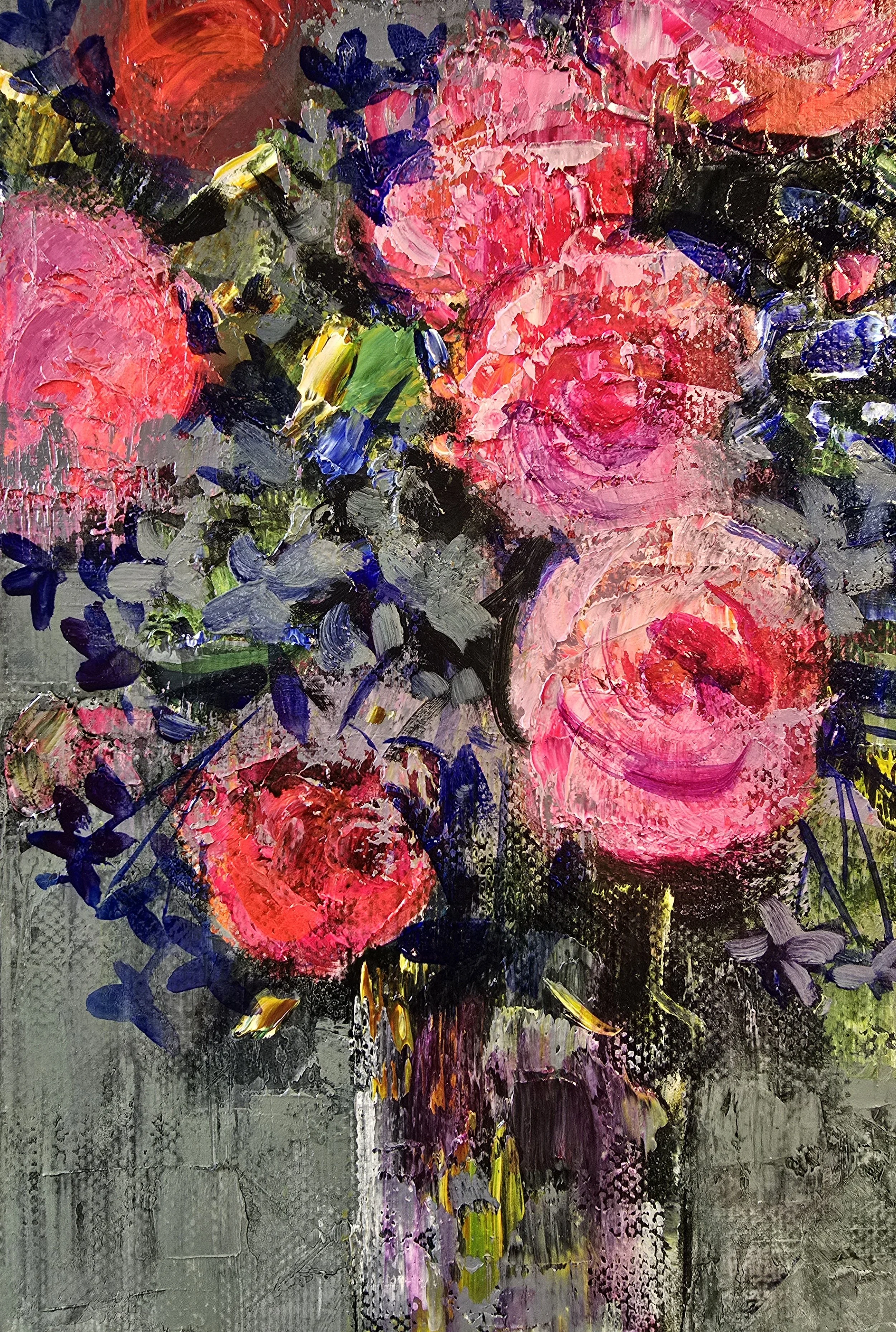 energy of roses abstract oil painting impressionist floral art red pink roses textured