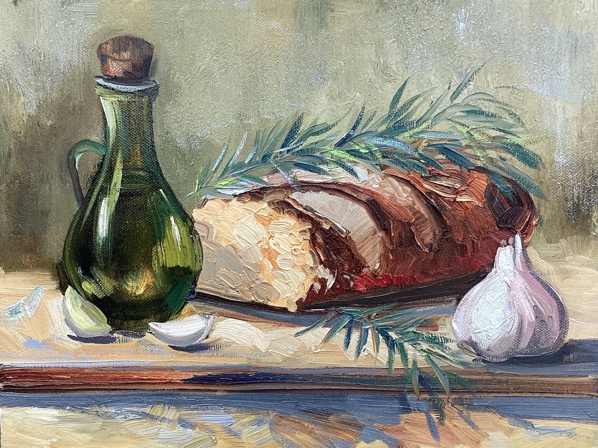 A still life painting featuring a green glass bottle, a loaf of bread, a head of garlic, and a bunch of green herbs on a wooden table against a textured beige background.