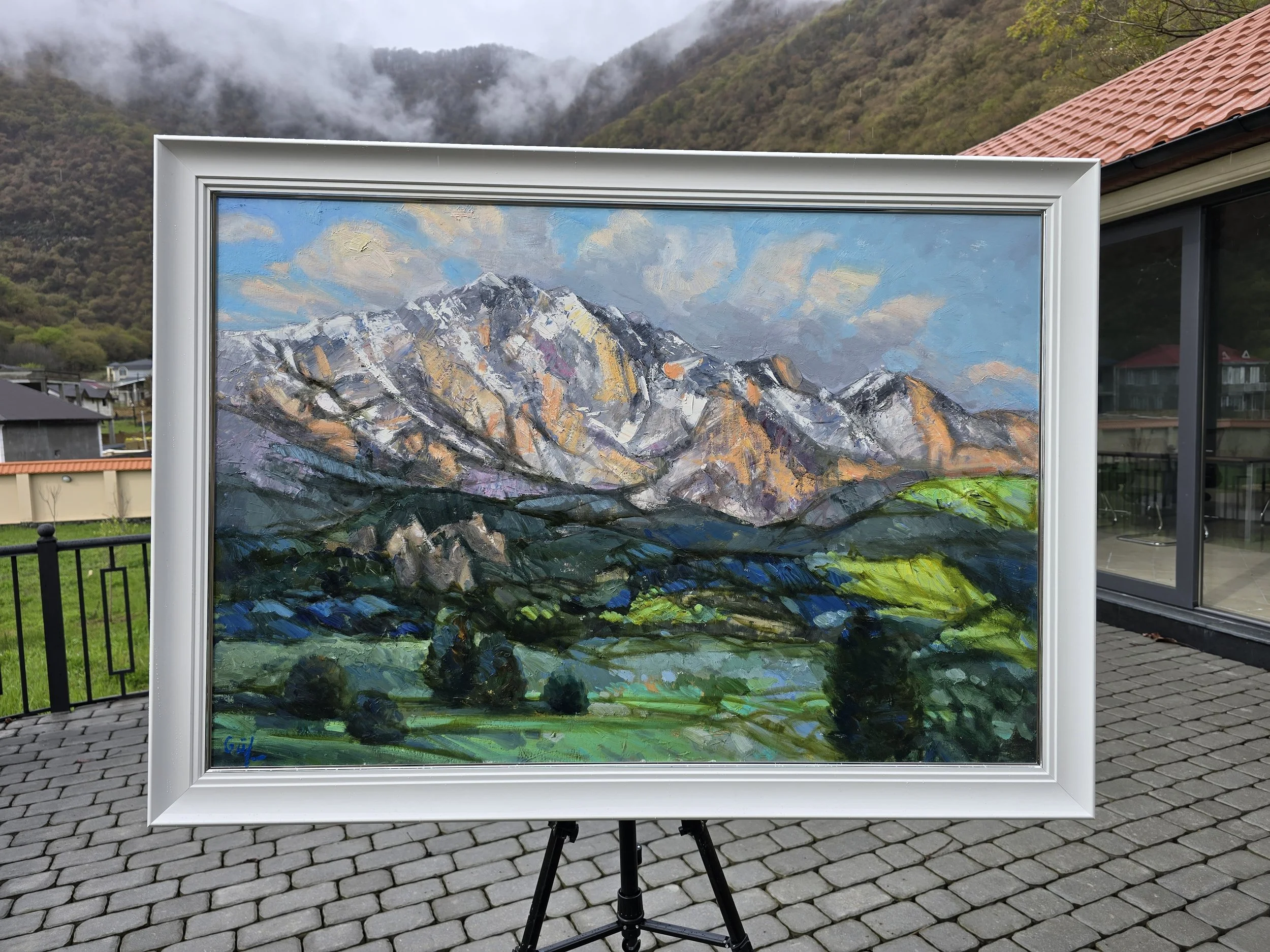 mountain in situ abstract oil painting gold tones textured contemporary art
