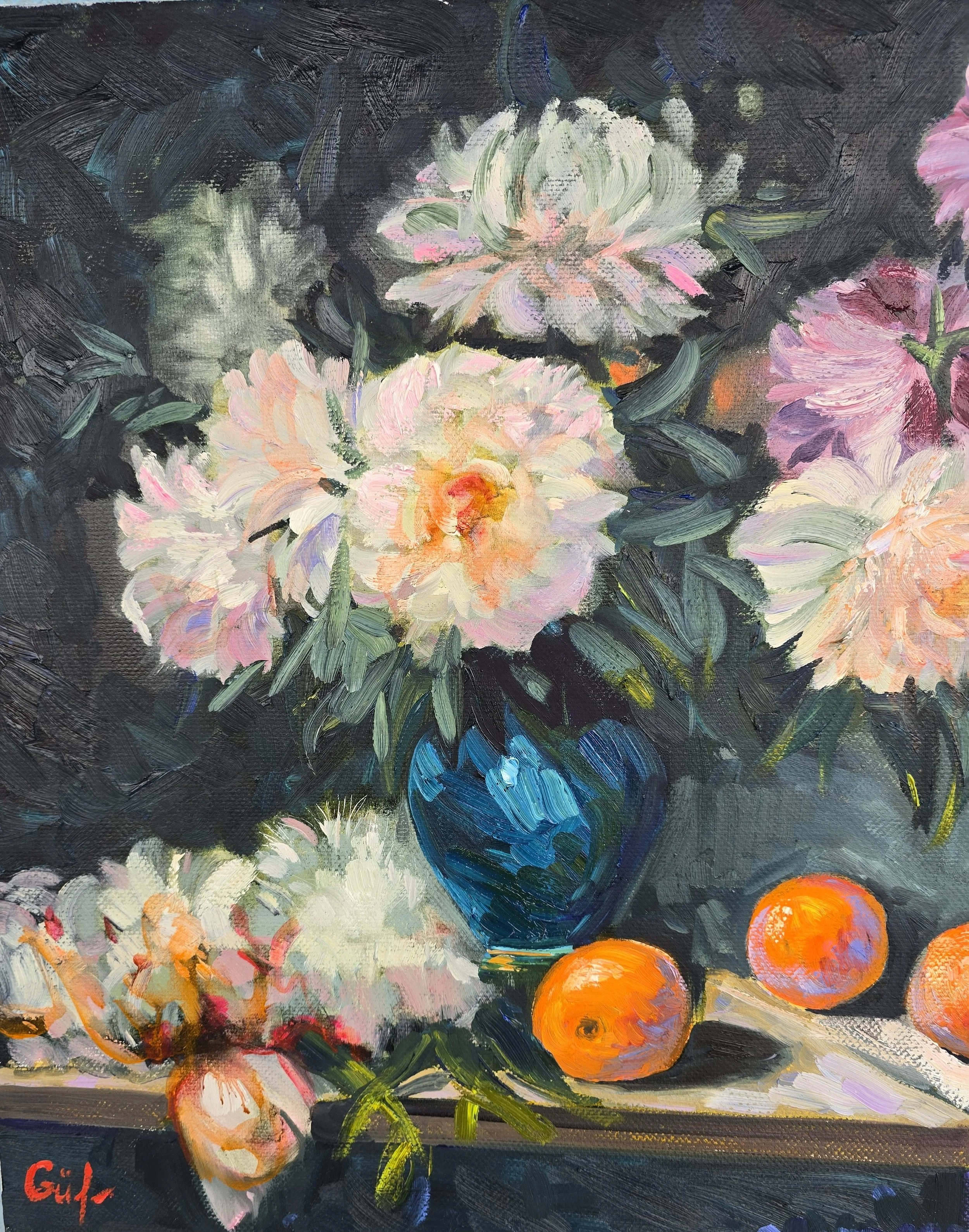 still life oil painting peonies and oranges flowers fruit composition colorful art