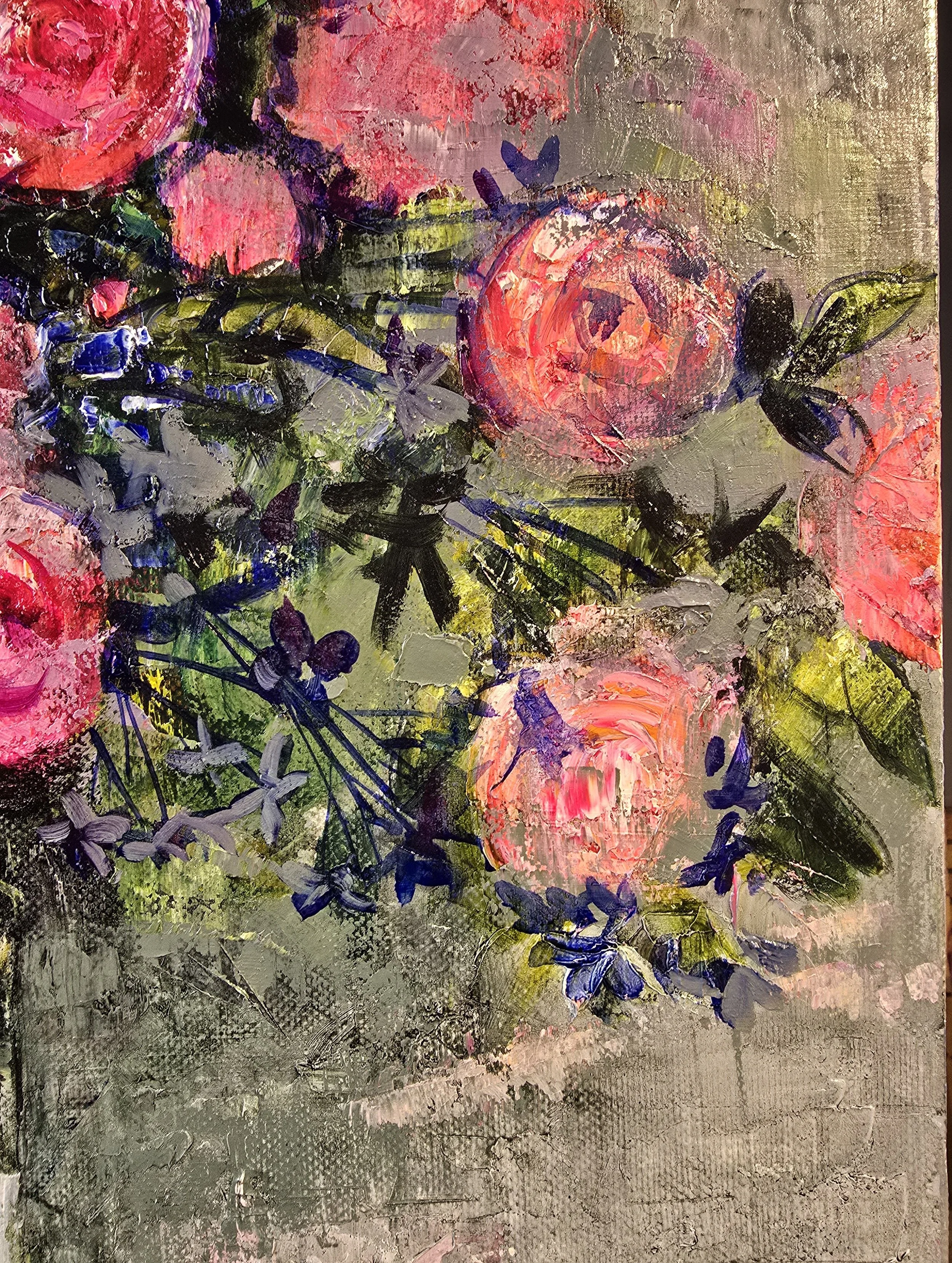 energy of roses abstract oil painting impressionist floral art red pink roses textured