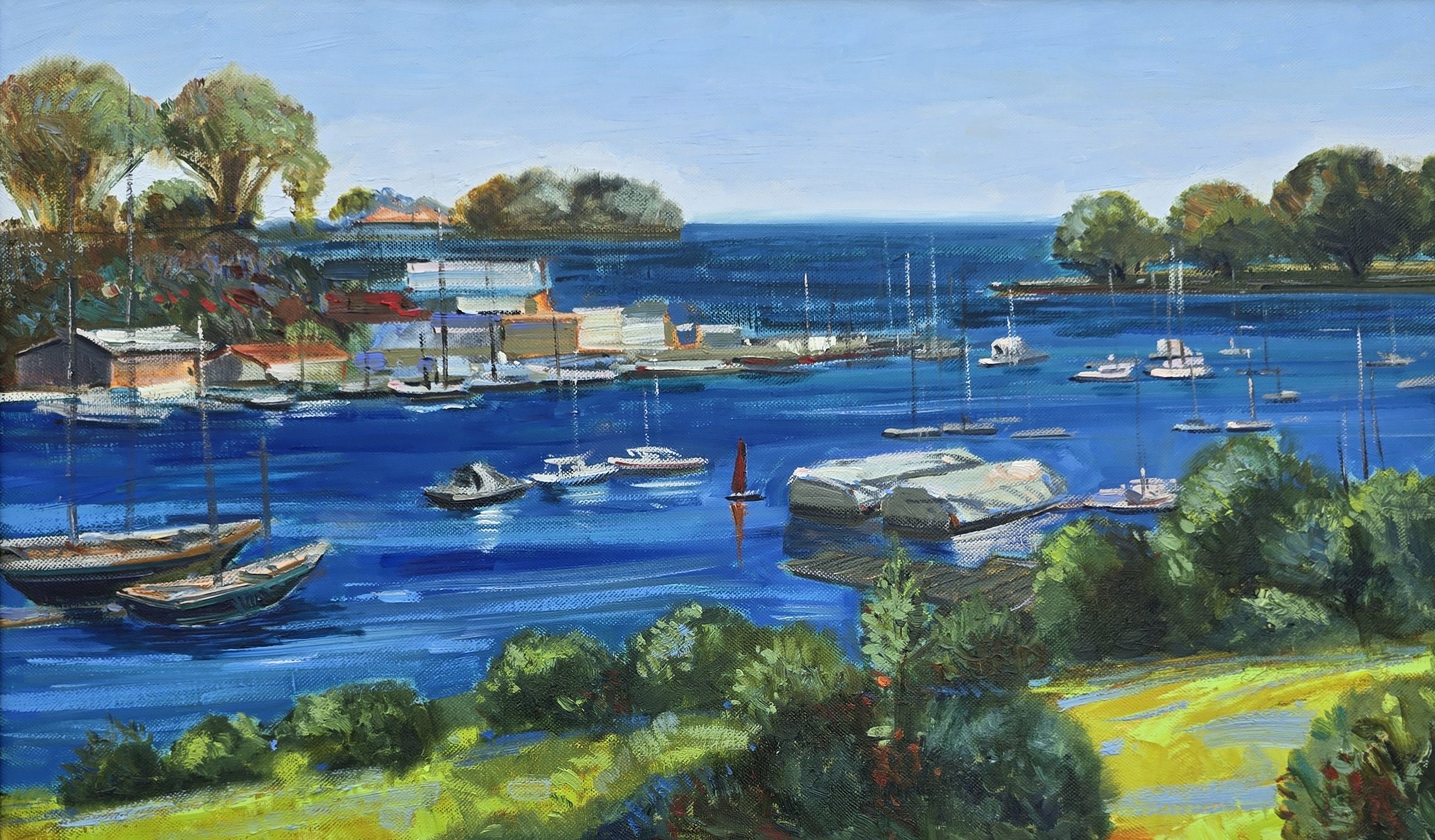 A colorful painting of a marina with boats docked on a calm blue water body, surrounded by lush green trees and a bright sky.