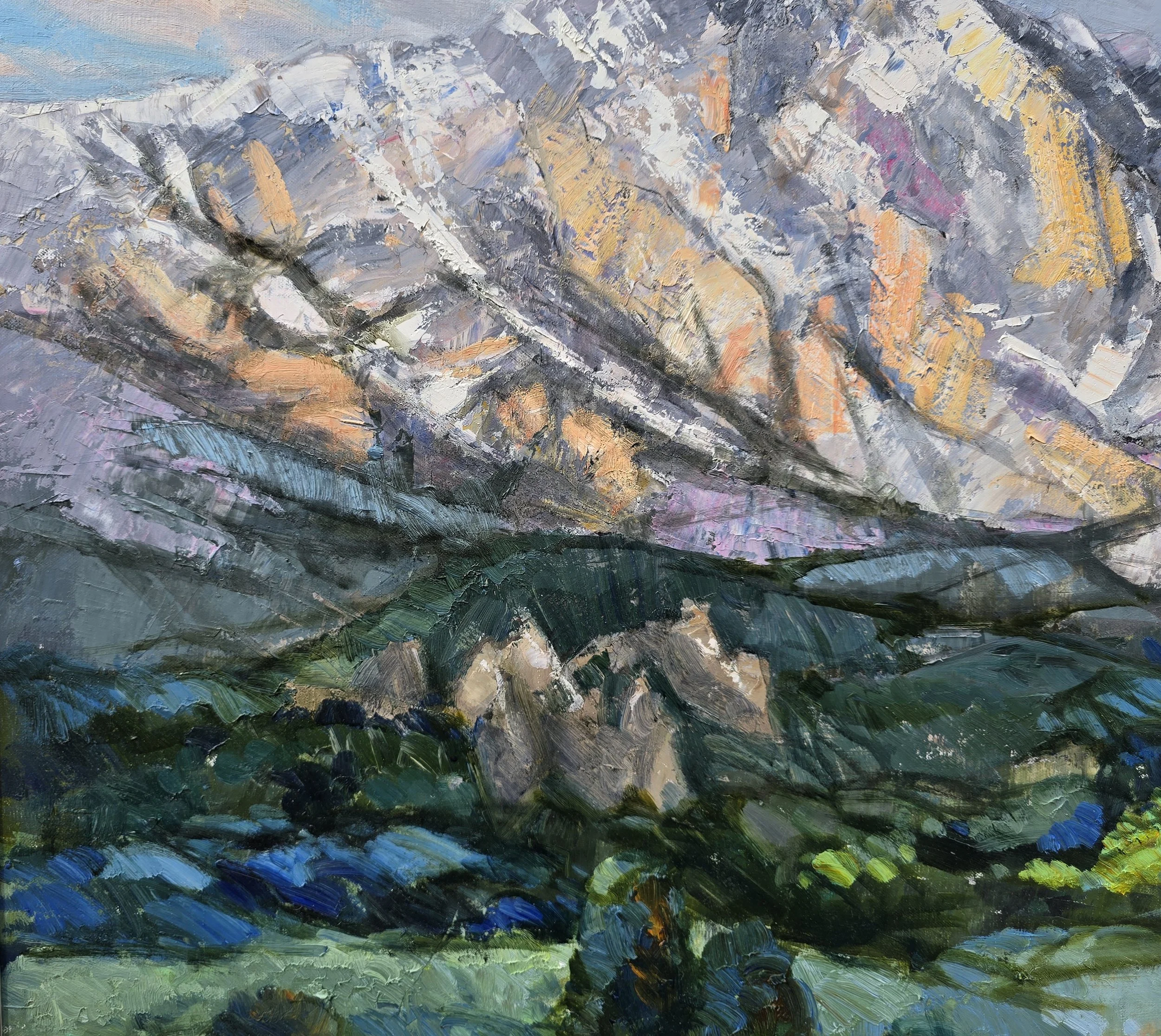 Golden Peaks abstract oil painting gold tones textured contemporary art