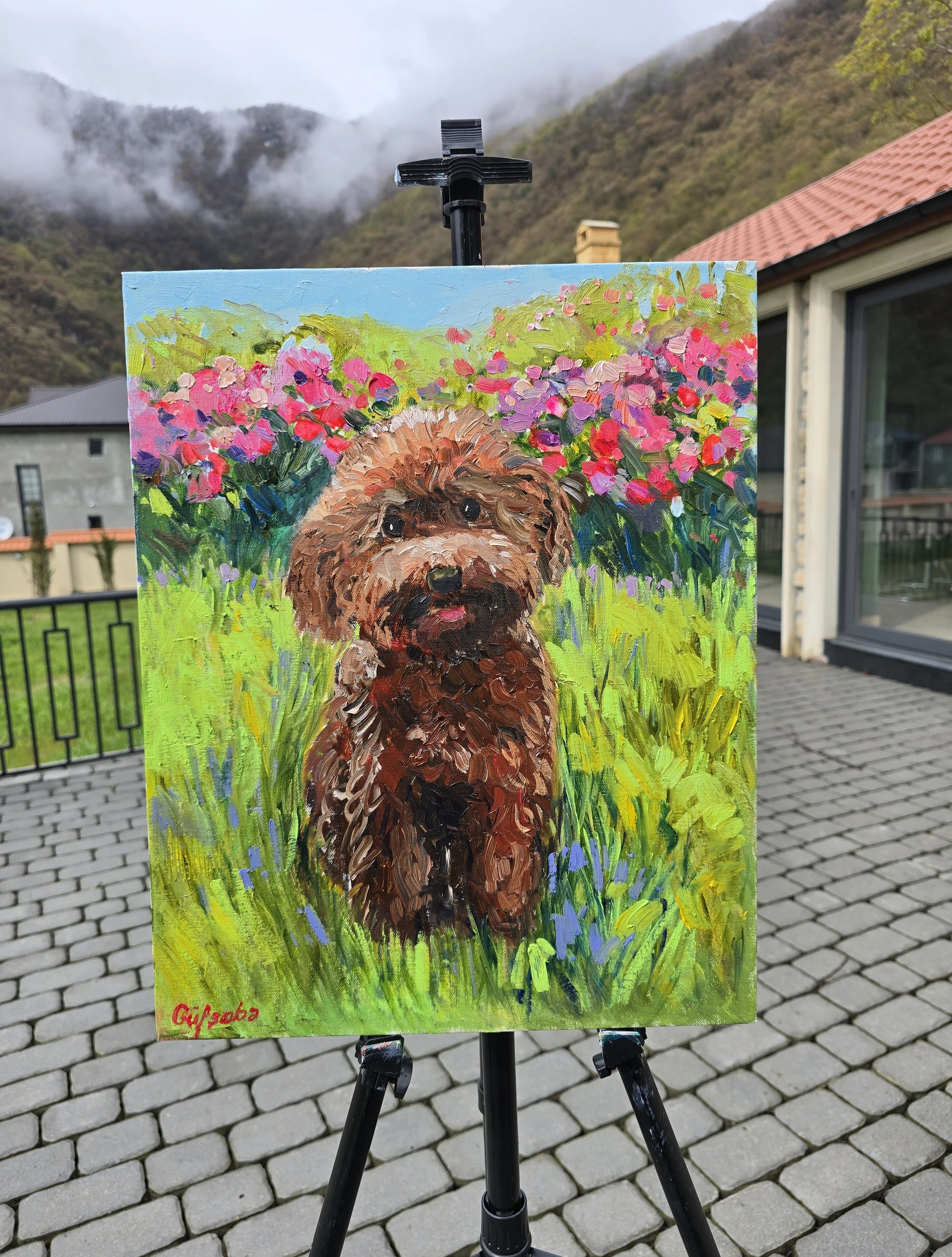toy poodle oil painting pet portrait dog art warm green tones garden