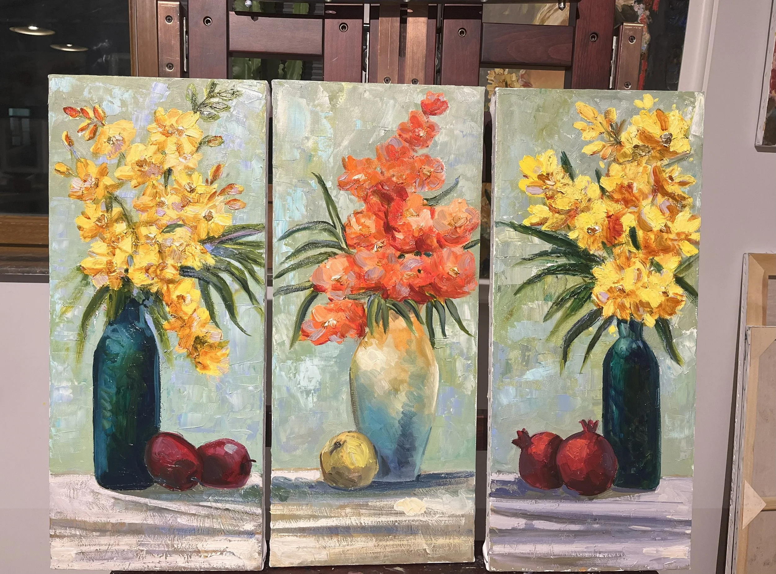 Lush Harmony impressionist oil painting yellow tones still life triptych art