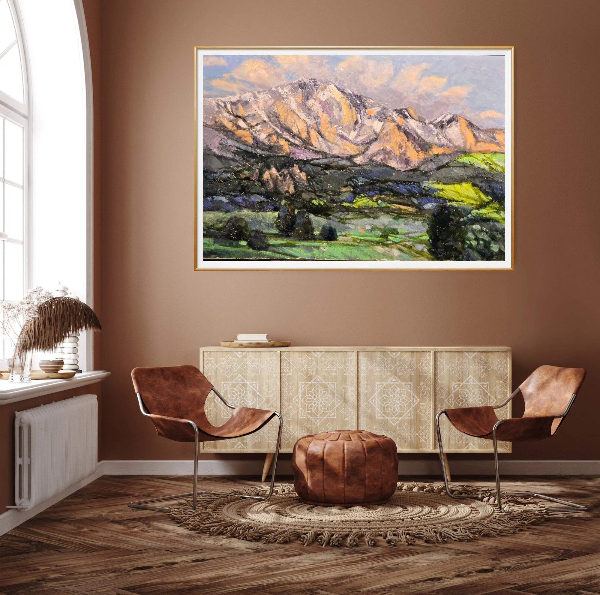 Golden Peaks abstract oil painting gold tones textured contemporary art