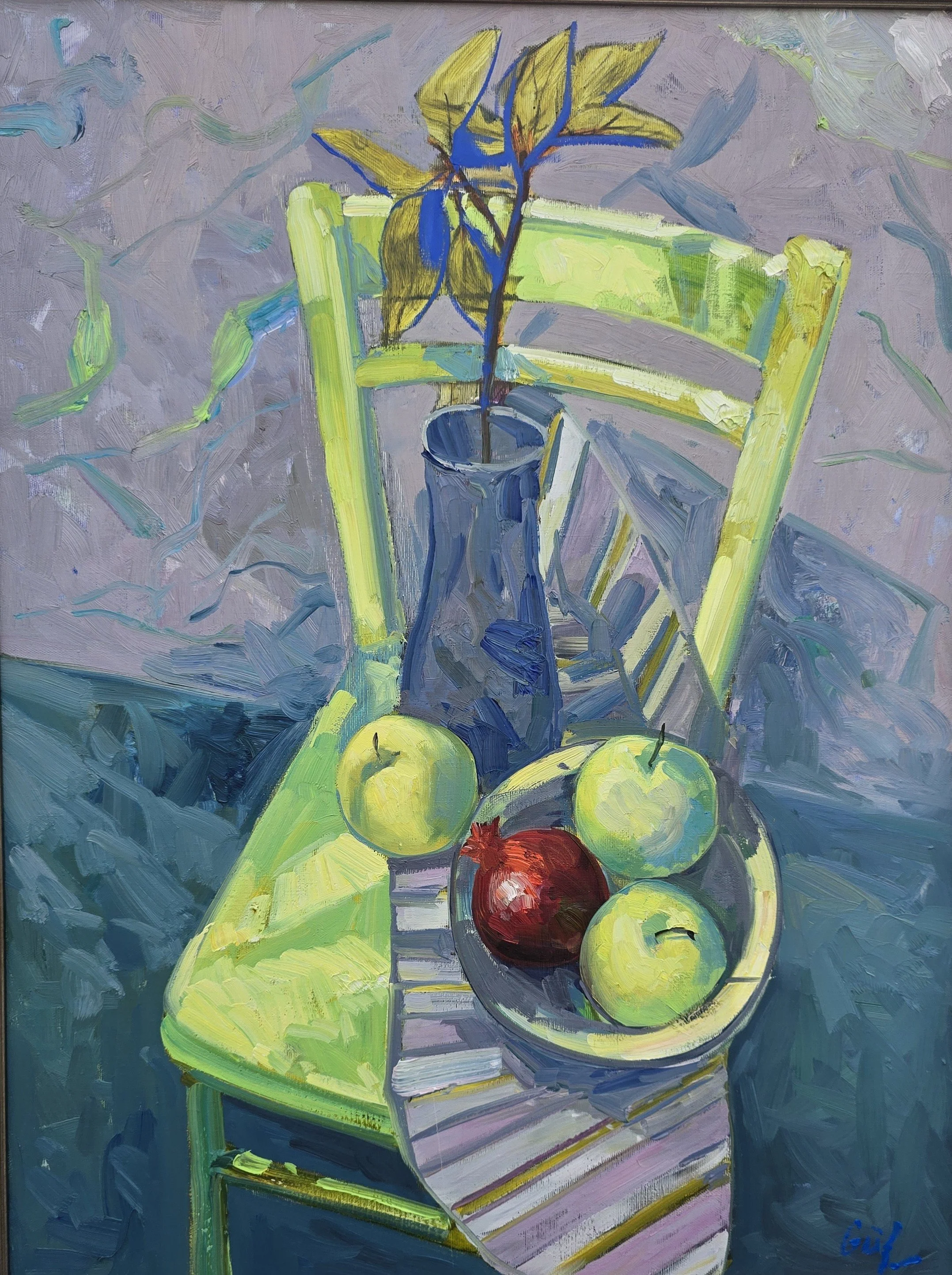 still life oil painting with lines and fruit on a light green chair geometric lines composition