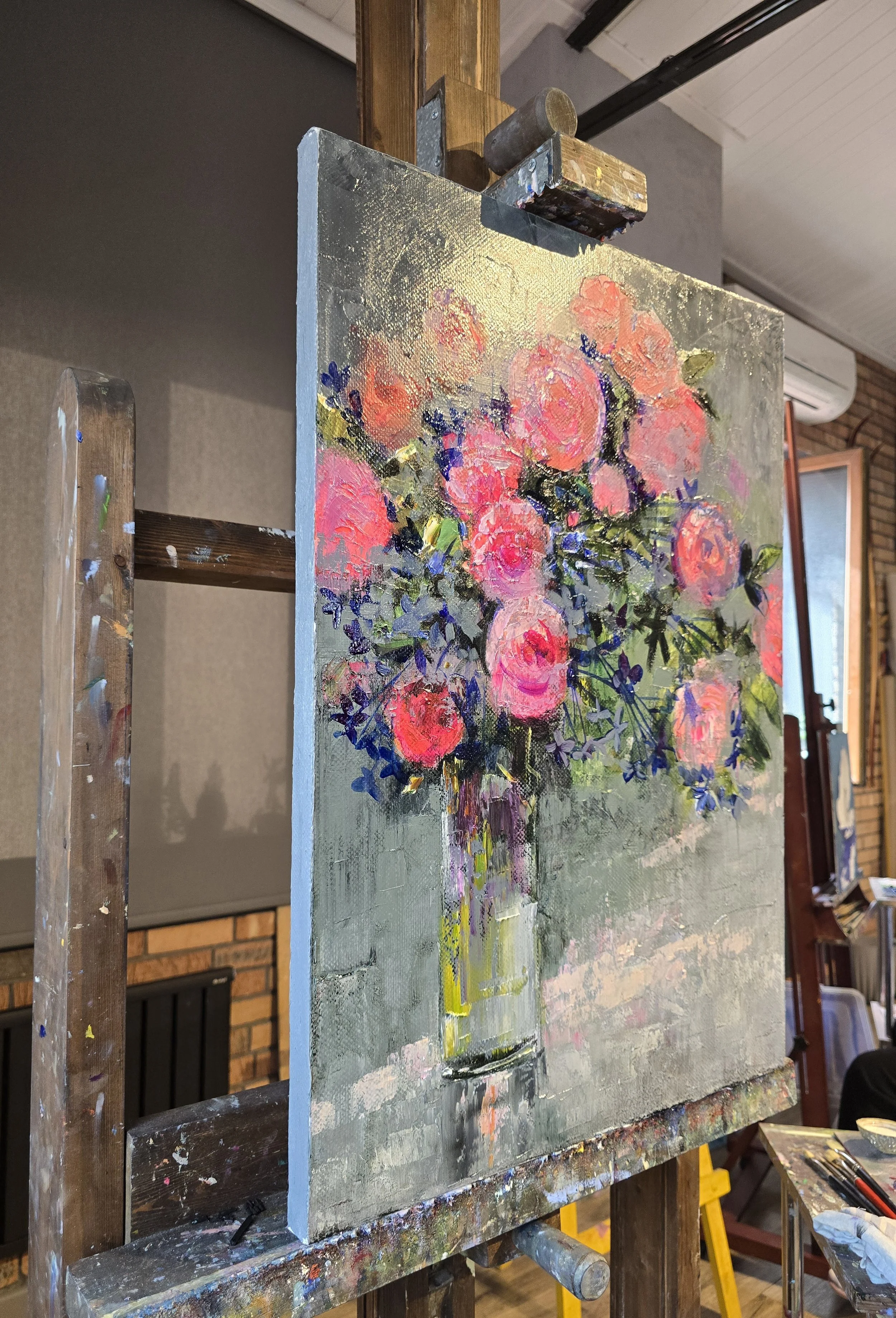 energy of roses abstract oil painting impressionist floral art red pink roses textured