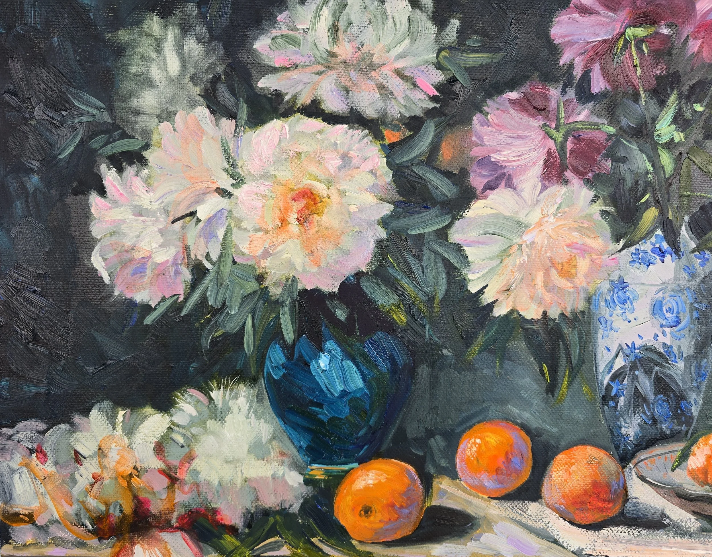 still life oil painting peonies and oranges flowers fruit composition colorful art