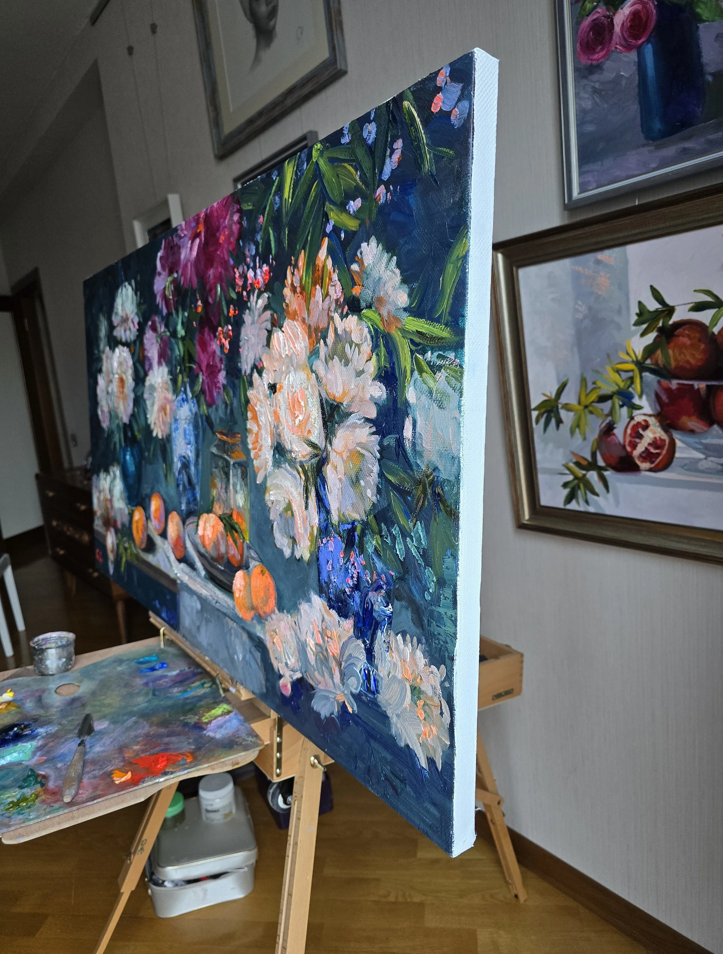 still life oil painting peonies and oranges flowers fruit composition colorful art