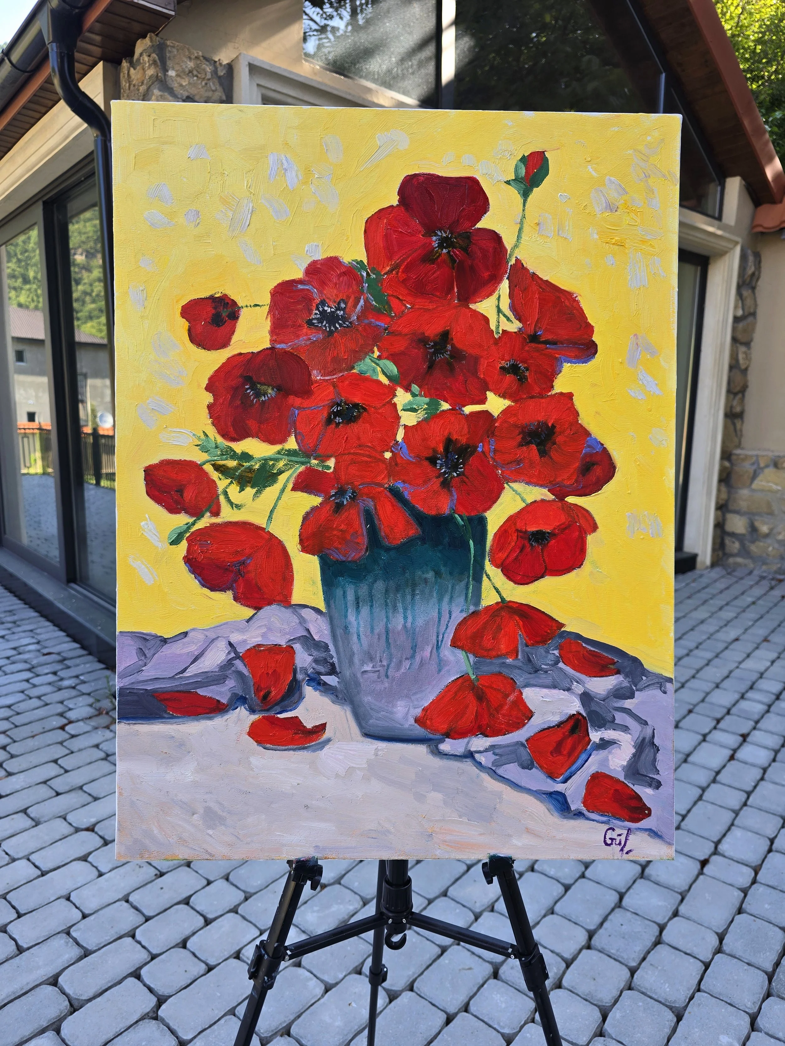 red poppies oil painting floral impressionist art bright red flowers yellow red tones