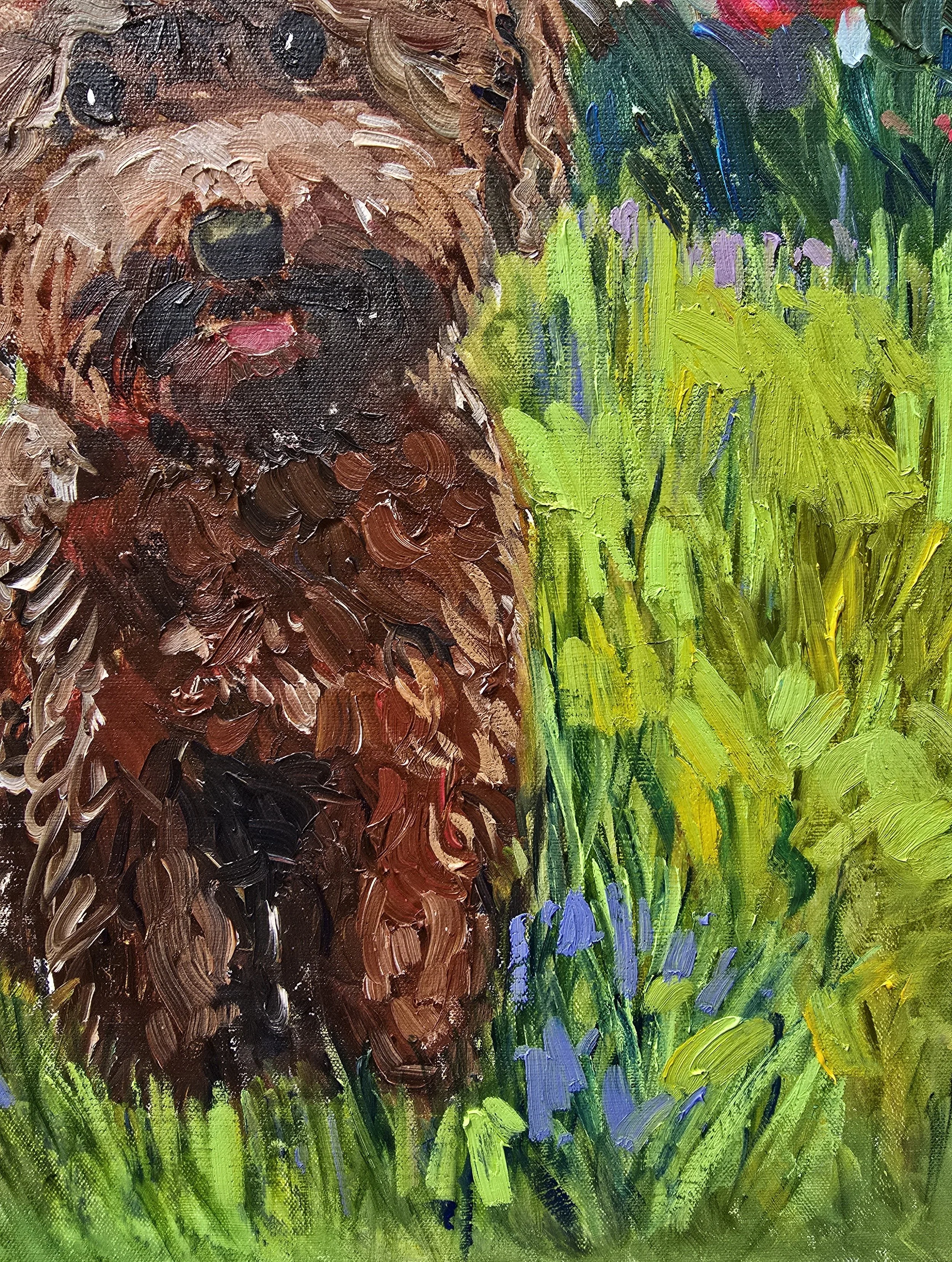 toy poodle oil painting pet portrait dog art warm green tones garden