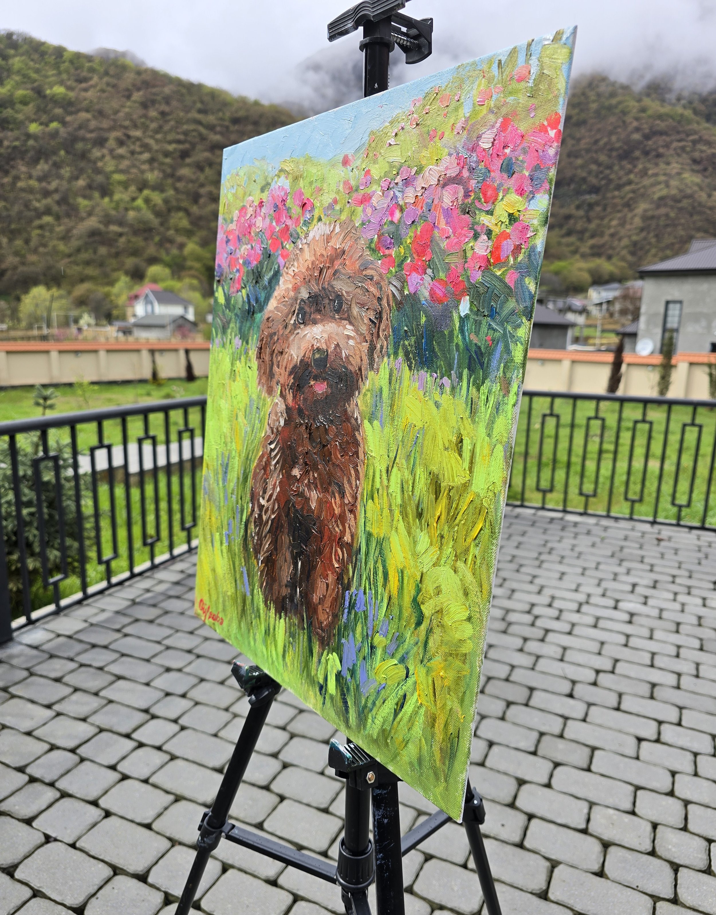 toy poodle oil painting pet portrait dog art warm green tones garden in context