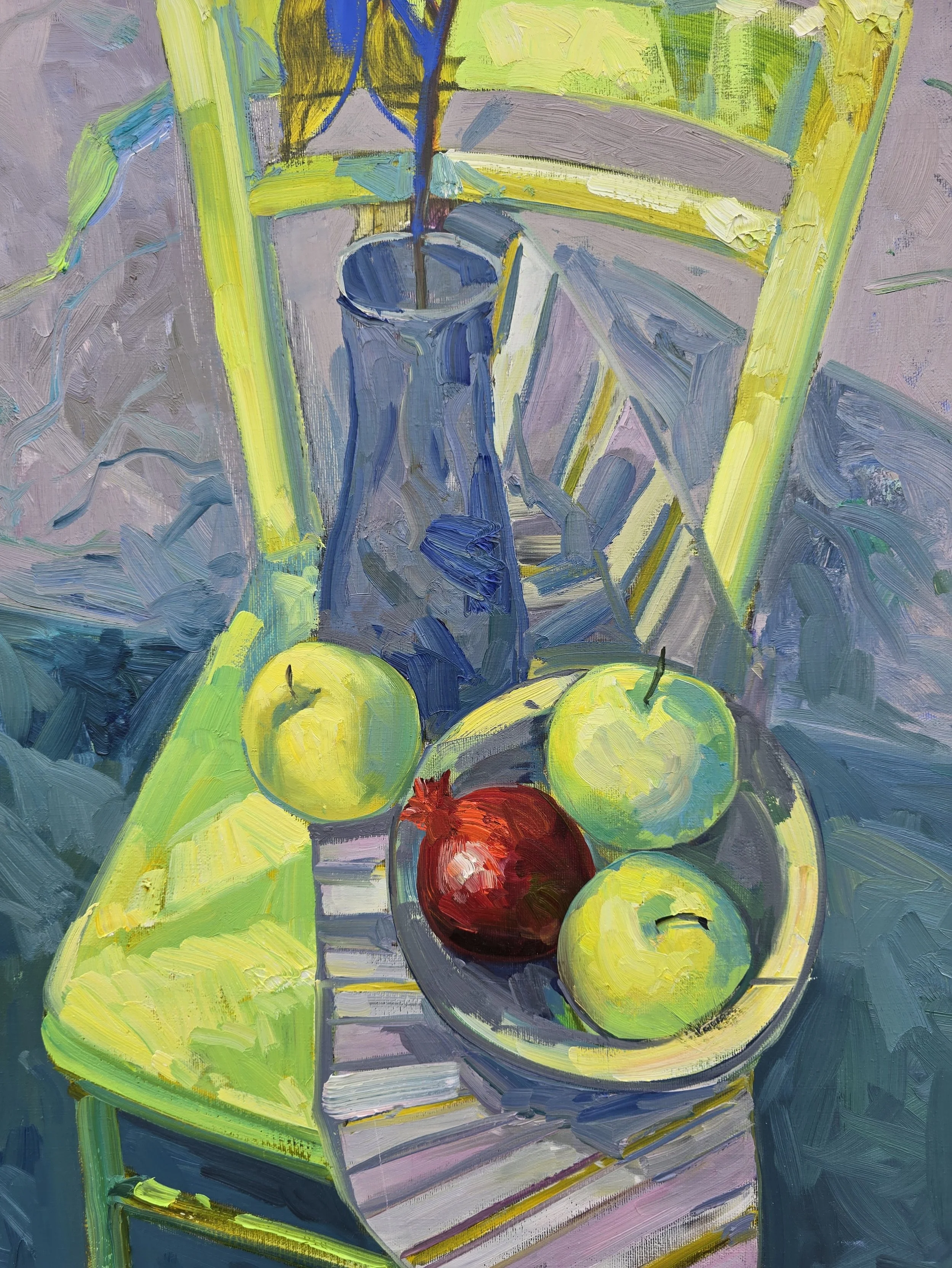 still life oil painting with apples pomegranate and fruit on a light green chair geometric lines composition