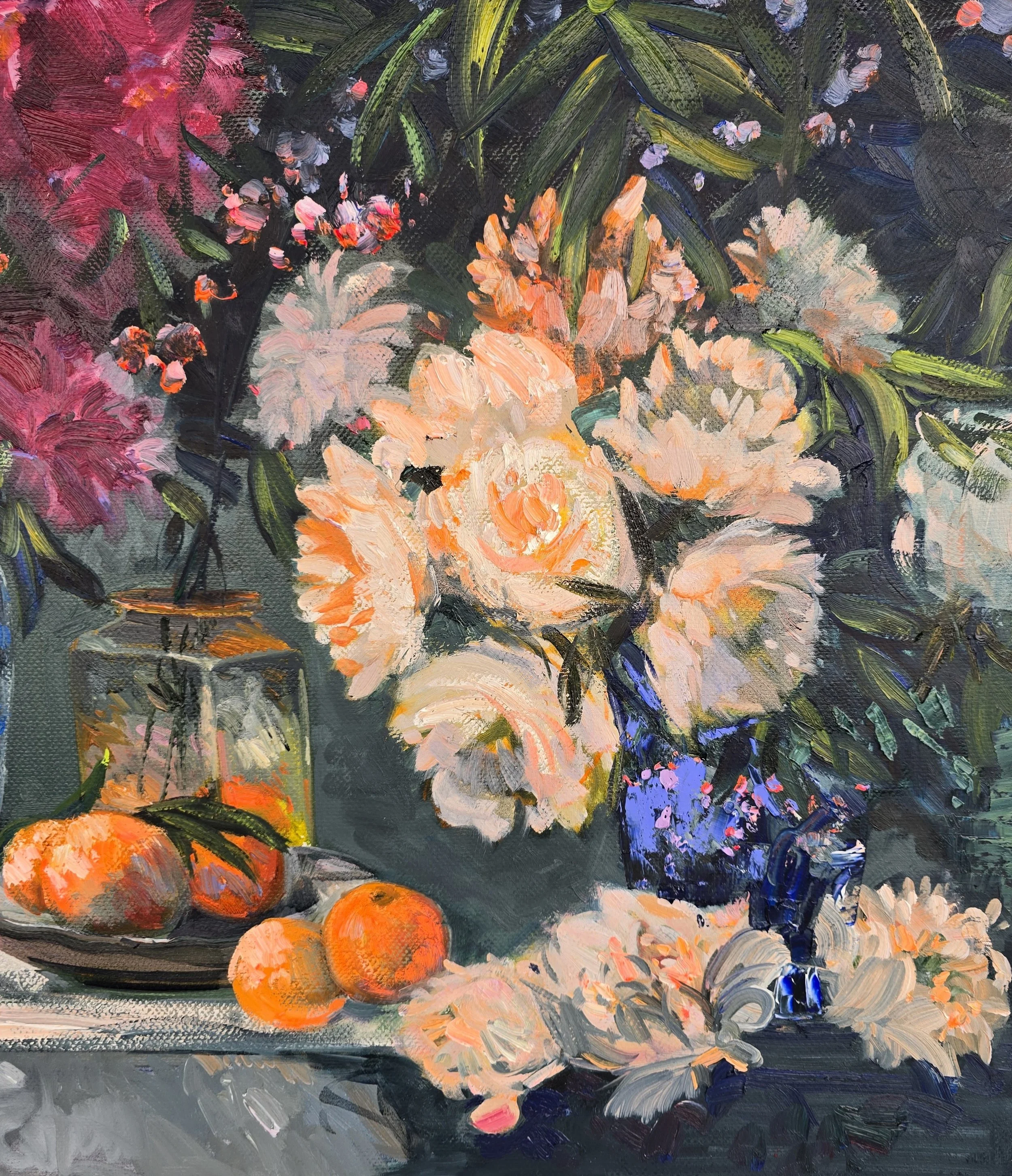 still life oil painting peonies and oranges flowers fruit composition colorful art