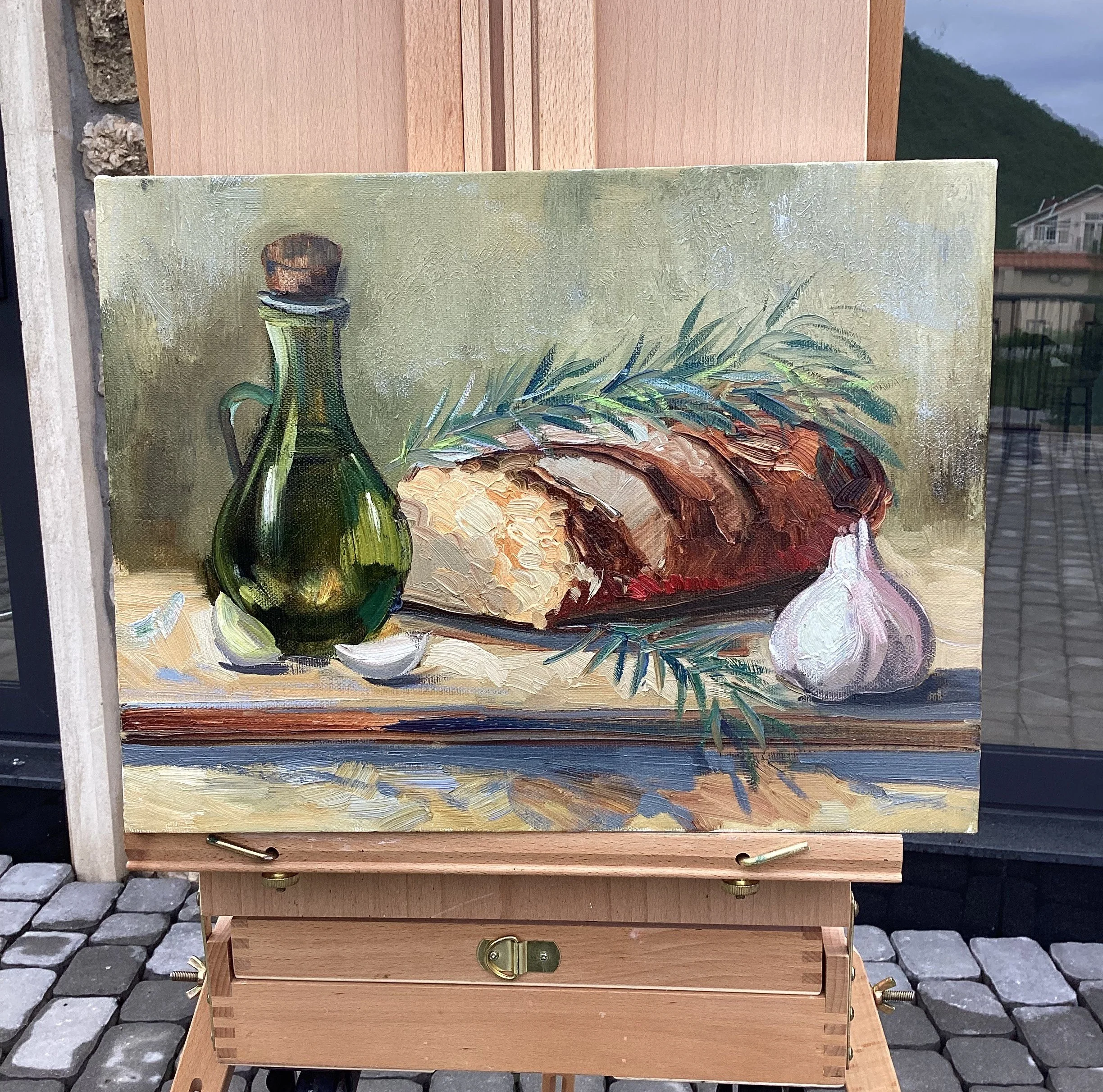Olives garlic and bread oil painting warm tones contemporary art Azerbaijan