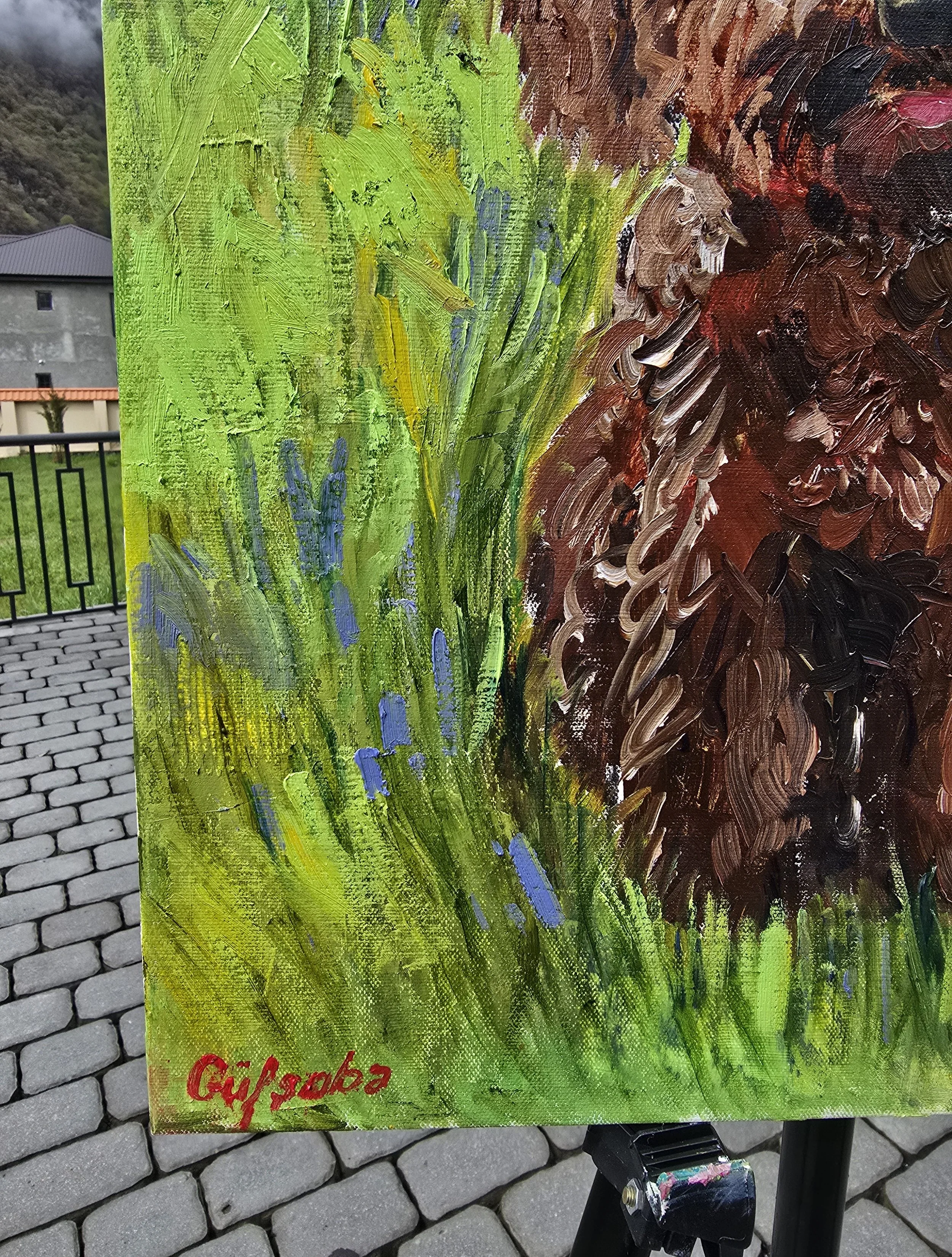 toy poodle oil painting pet portrait dog art warm green tones garden