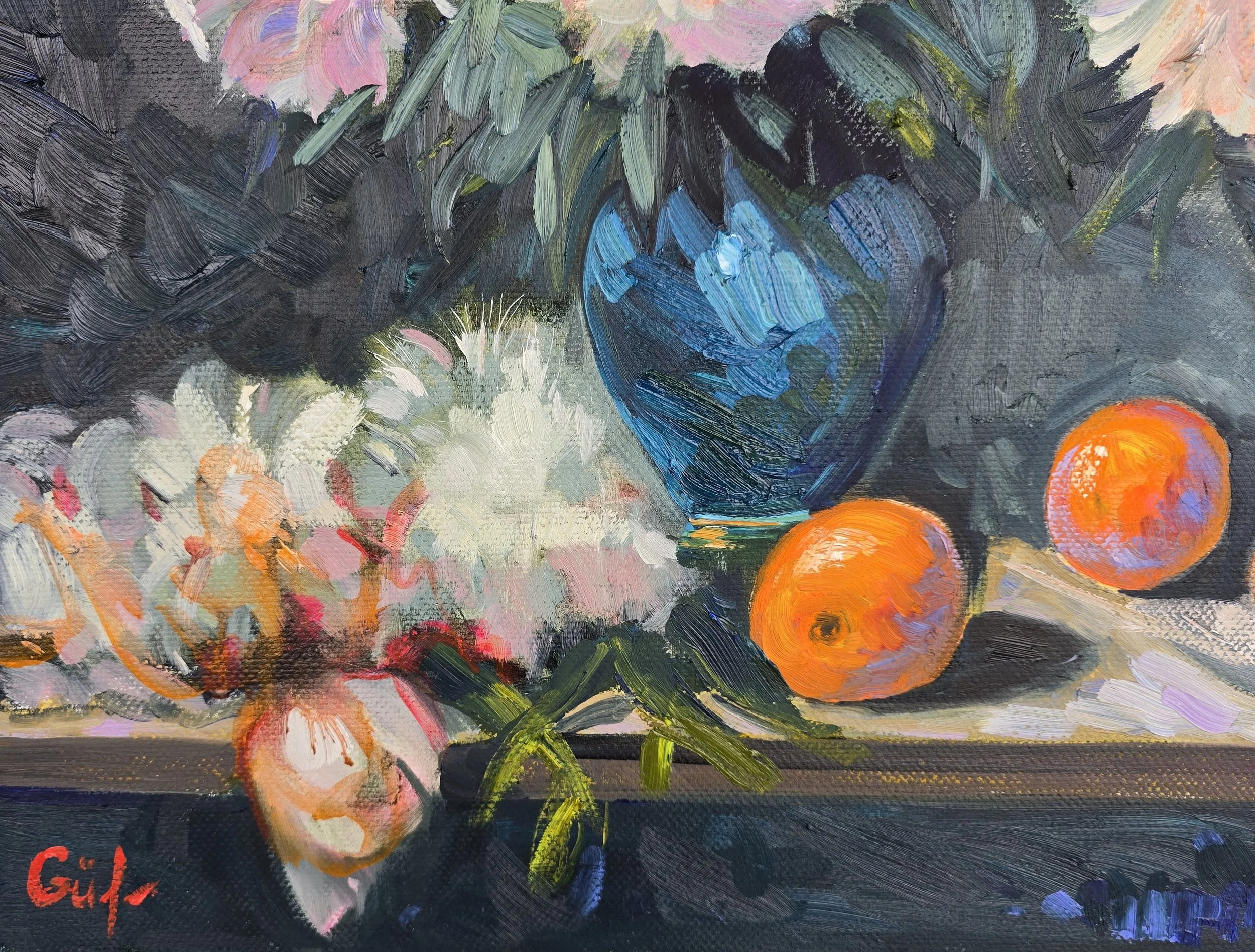 still life oil painting peonies and oranges flowers fruit composition colorful art
