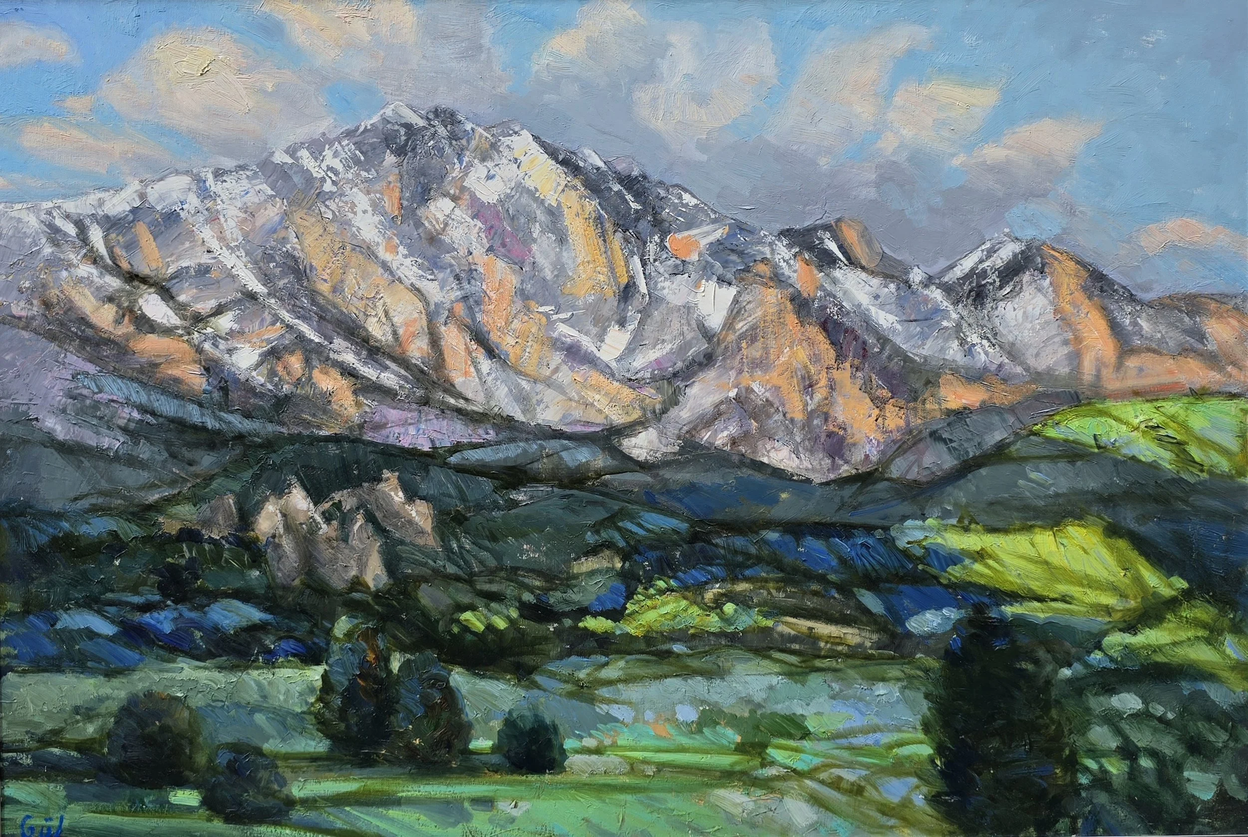 Golden Peaks abstract oil painting gold tones textured contemporary art